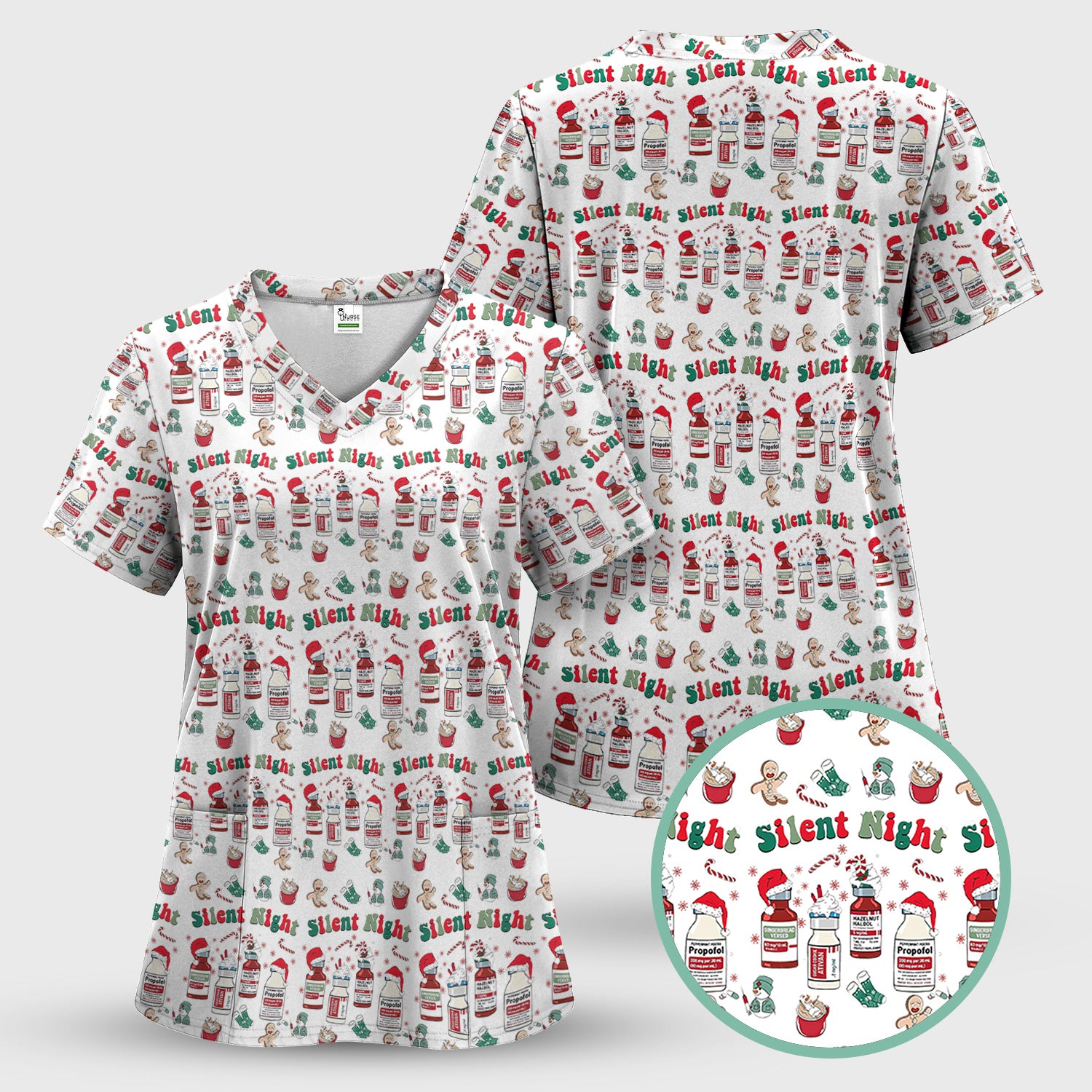 Funny Nurse Christmas Scrub Top - Silent Night & Medication Design - Holiday Gift for RN LPN CNA