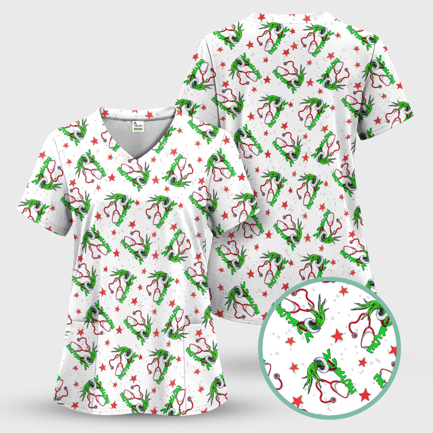 Grinch Nurse Scrub Top - Festive Holiday Uniform for Women - RN LPN CNA Nursing Gift