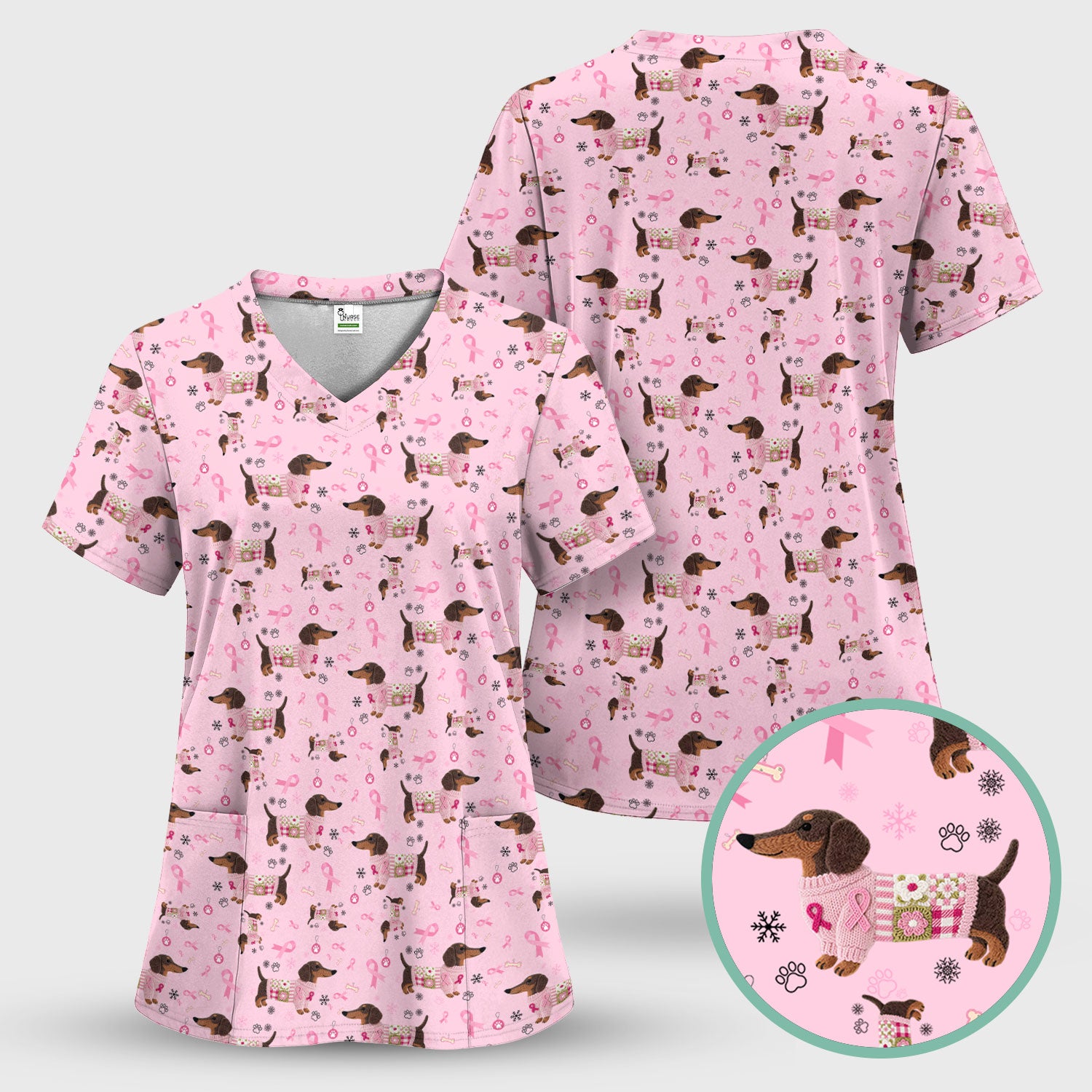 Pink Dachshund Breast Cancer Awareness Scrub Top - Puppy Dog Ribbon Nurse Shirt - Wiener Support Fight Cancer Medical Uniform Gift