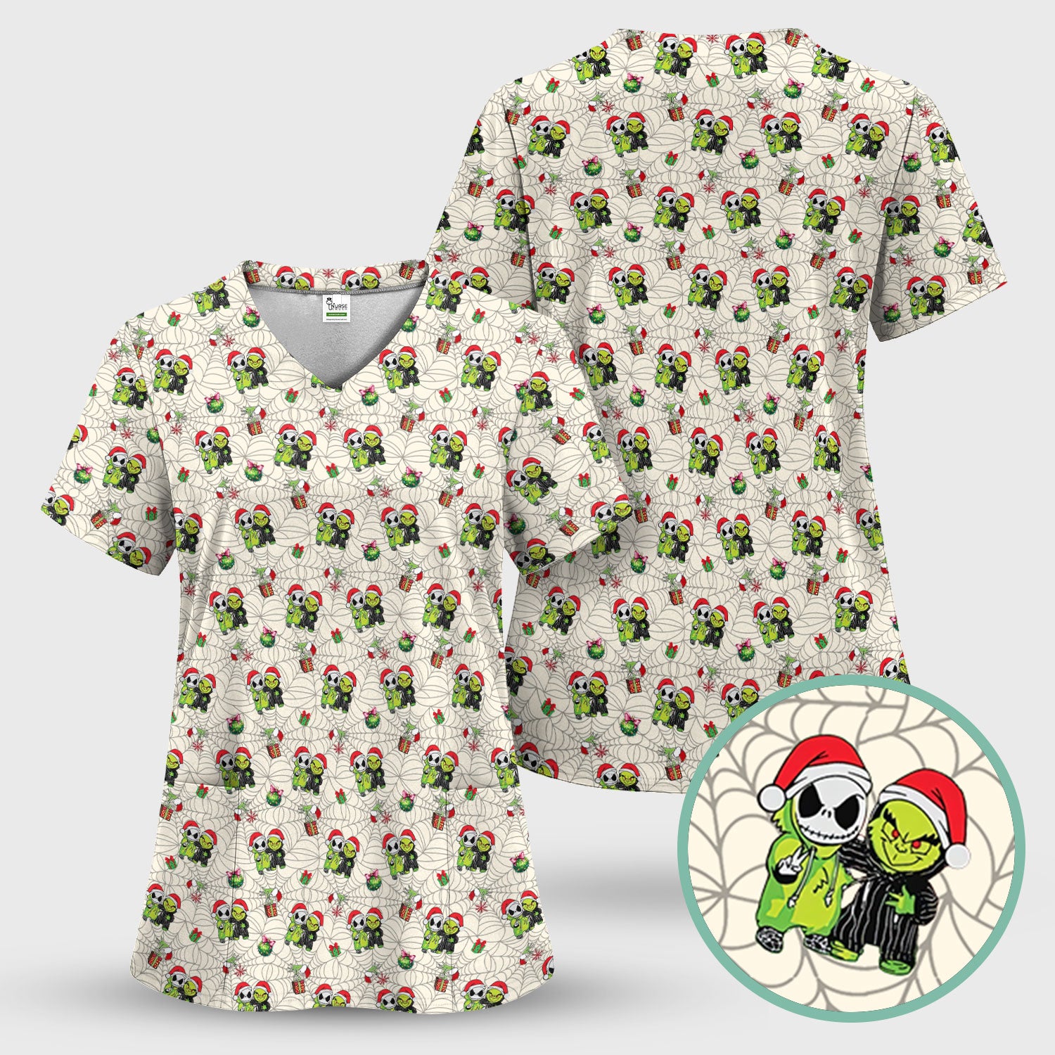 Festive Grinch Halloween Scrub Top - Merry Grinchmas Holiday Shirt for Nurses - Funny Christmas Gift for RN LPN CNA