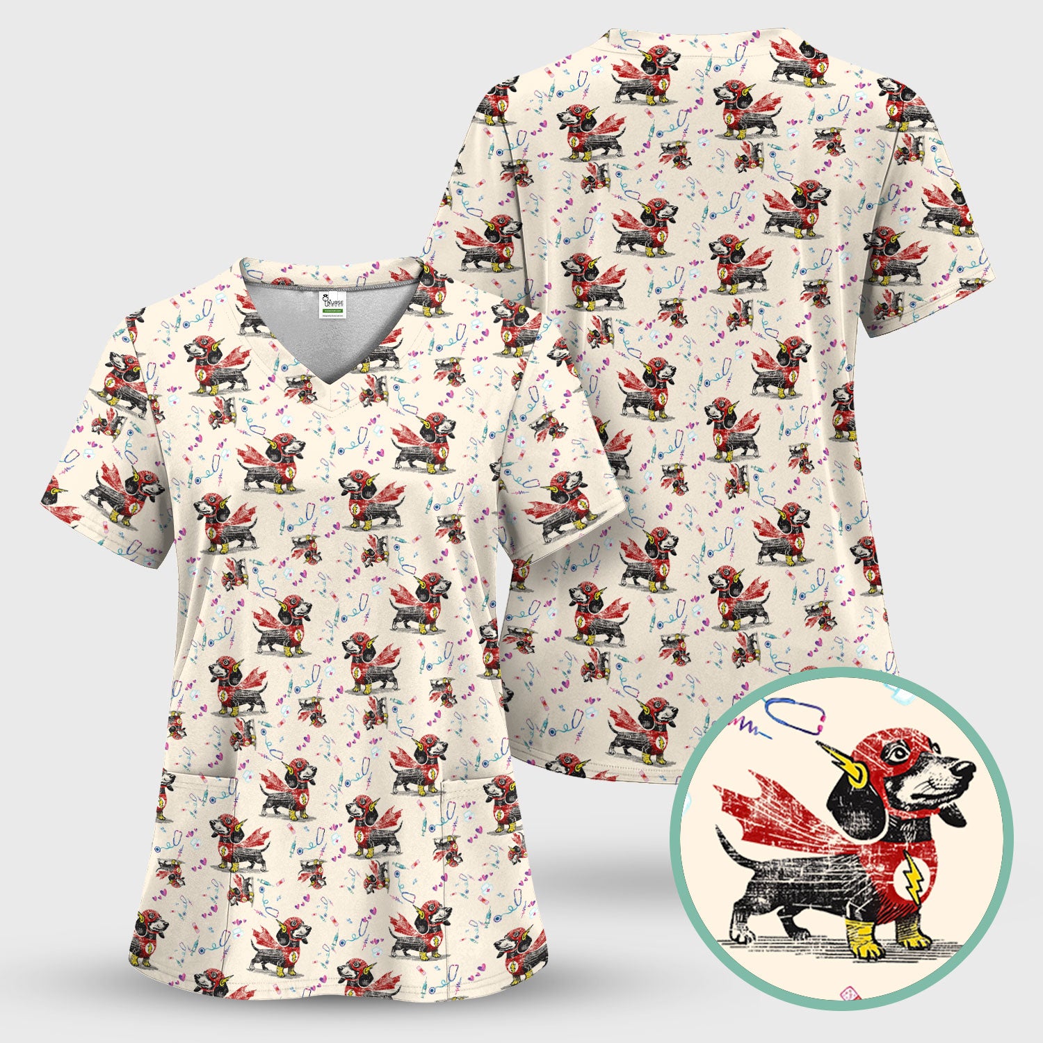 Dachshund Hero Scrub Top for Nurses - Super Nurse Funny Flash Dog Print Medical Uniform Shirt - Cute Sausage Dog Gift for RN CNA LPN