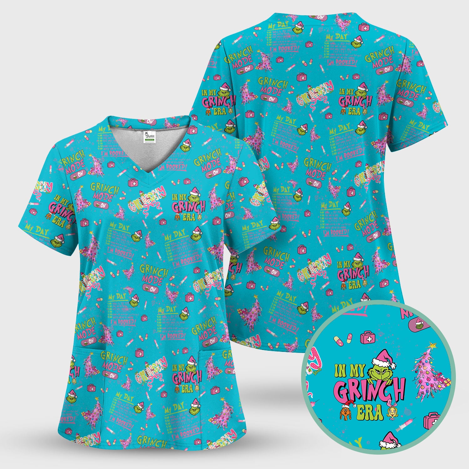 Funny Christmas Scrub Top for Women - Grinch Mode On Holiday Nurse Uniform Shirt - Pink Grinchmas Gift for RN CNA LPN