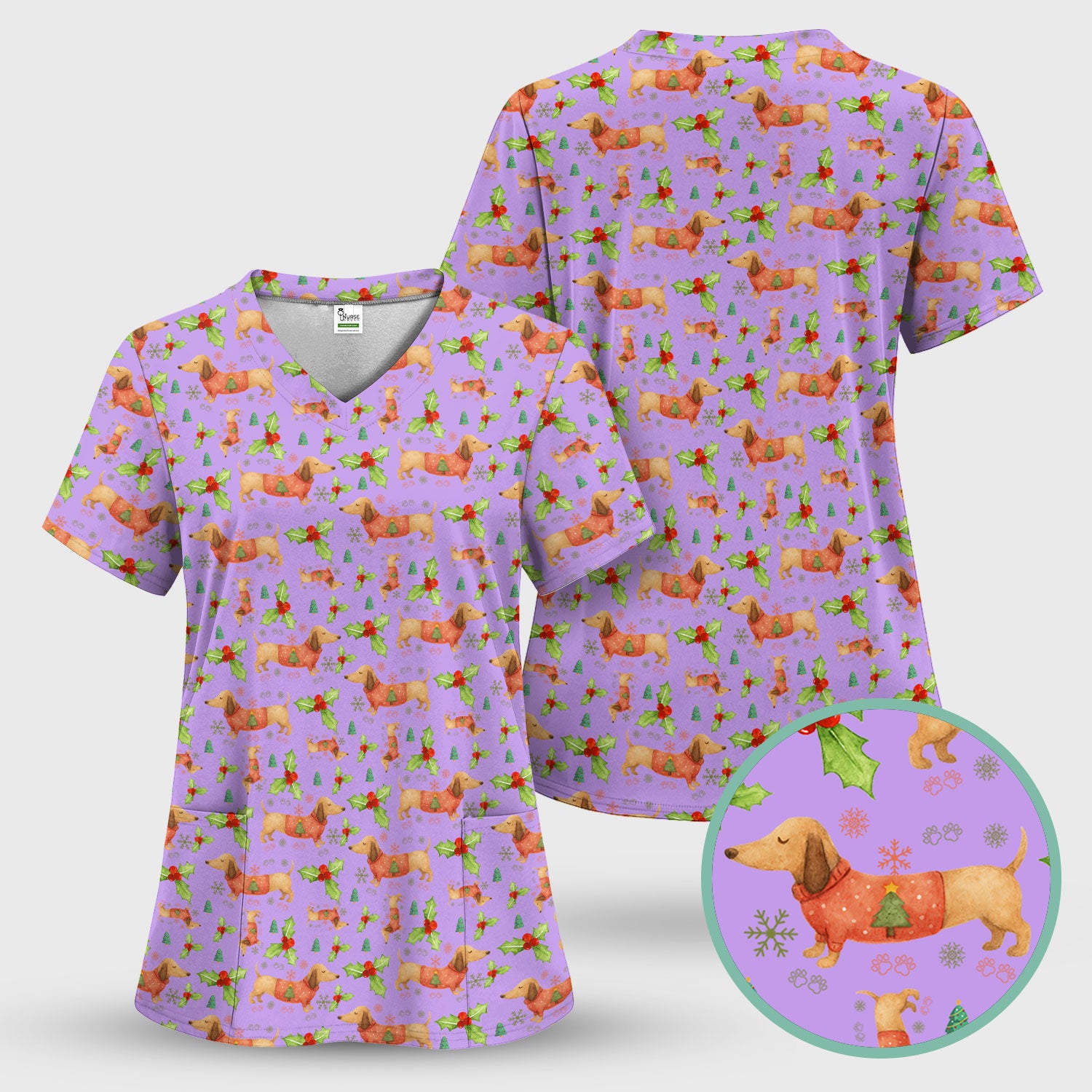 Festive Dachshund Scrub Top - Cute Sausage Dog Christmas Medical Uniform - Wiener Puppy Lover Gift