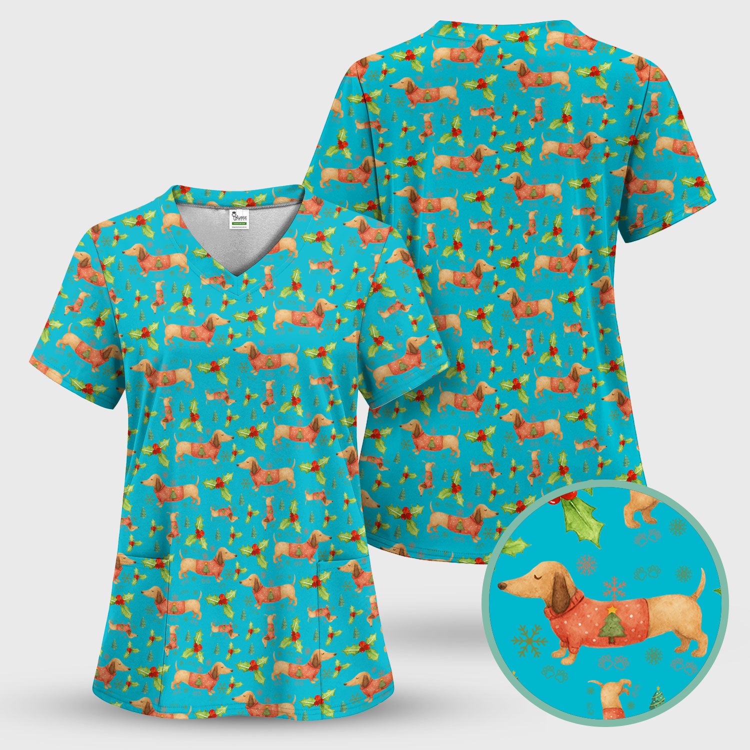 Festive Dachshund Scrub Top - Cute Sausage Dog Christmas Medical Uniform - Wiener Puppy Lover Gift