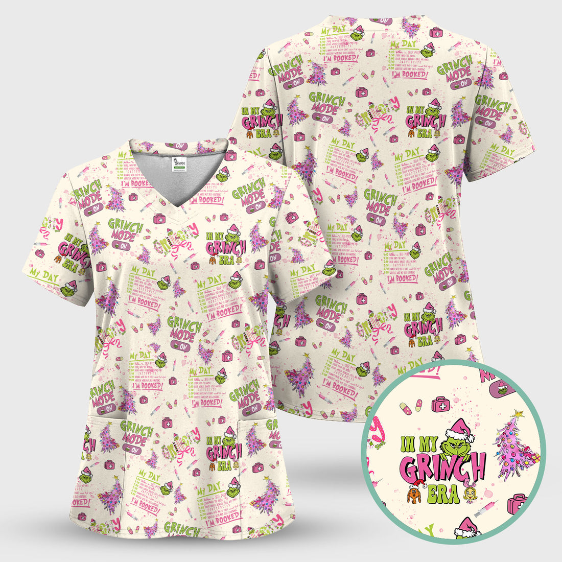 Funny Christmas Scrub Top for Women - Grinch Mode On Holiday Nurse Uniform Shirt - Pink Grinchmas Gift for RN CNA LPN