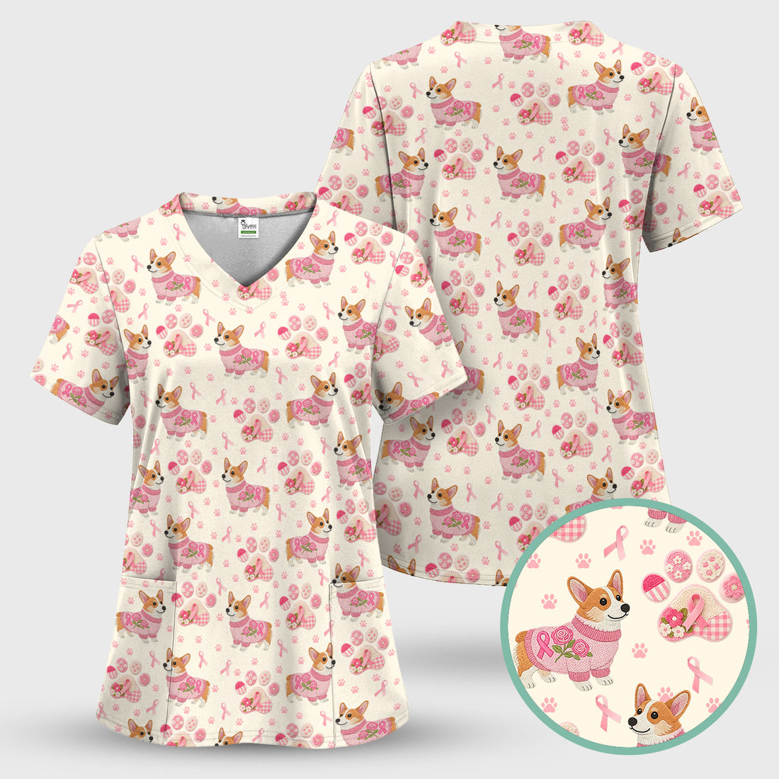 Floral Corgi Scrub Top for Women - Cute Dog Paw Print with Pink Ribbon Shirt - Breast Cancer Awareness October Gift