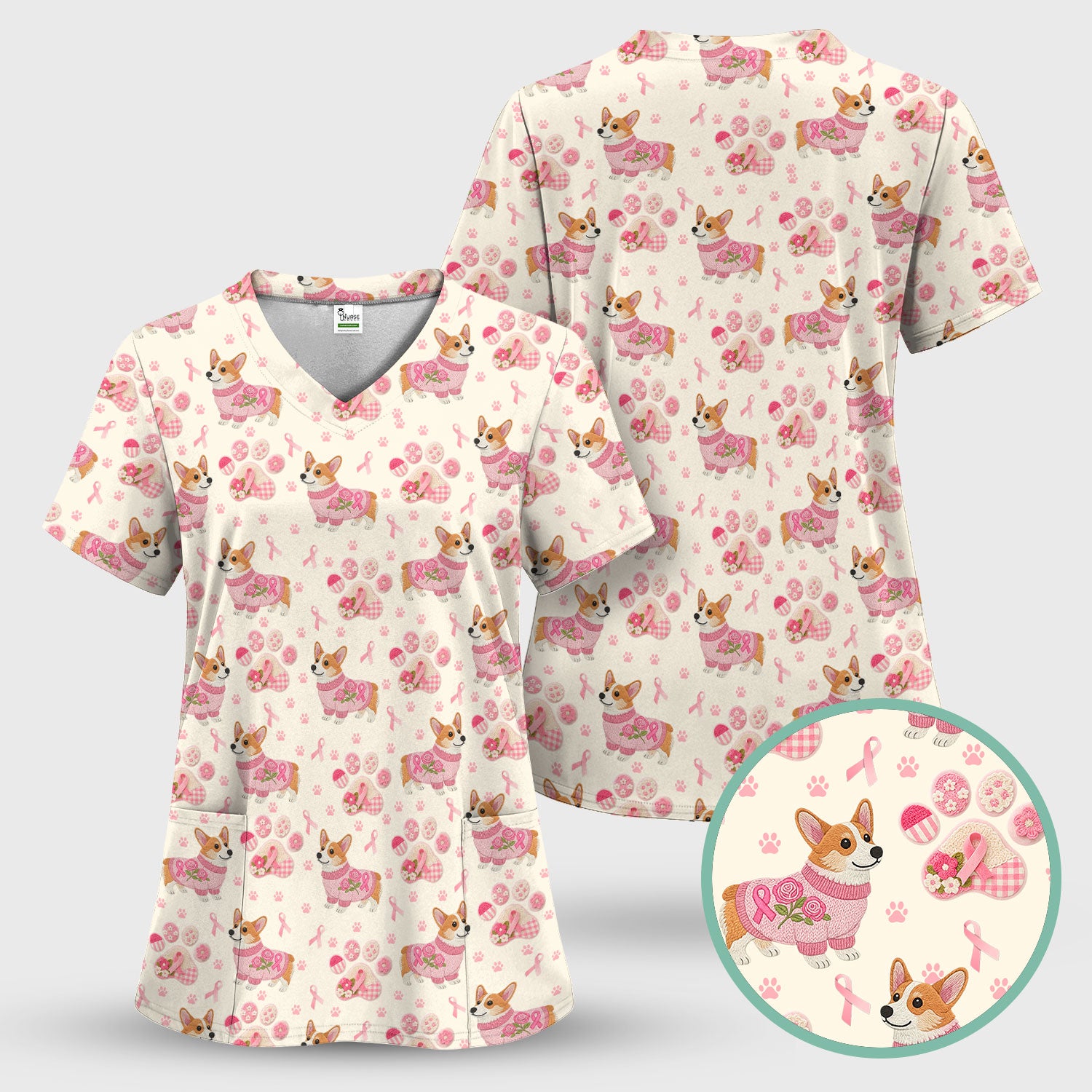 Floral Corgi Scrub Top for Women - Cute Dog Paw Print with Pink Ribbon Shirt - Breast Cancer Awareness October Gift