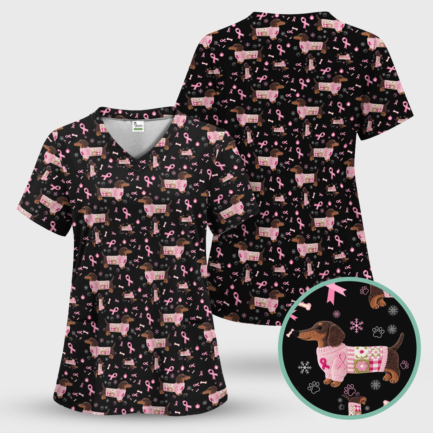 Dachshund Breast Cancer Awareness Scrub - Puppy Dog Pink Ribbon Nurse Shirt - Wiener Support Fight Cancer Gift