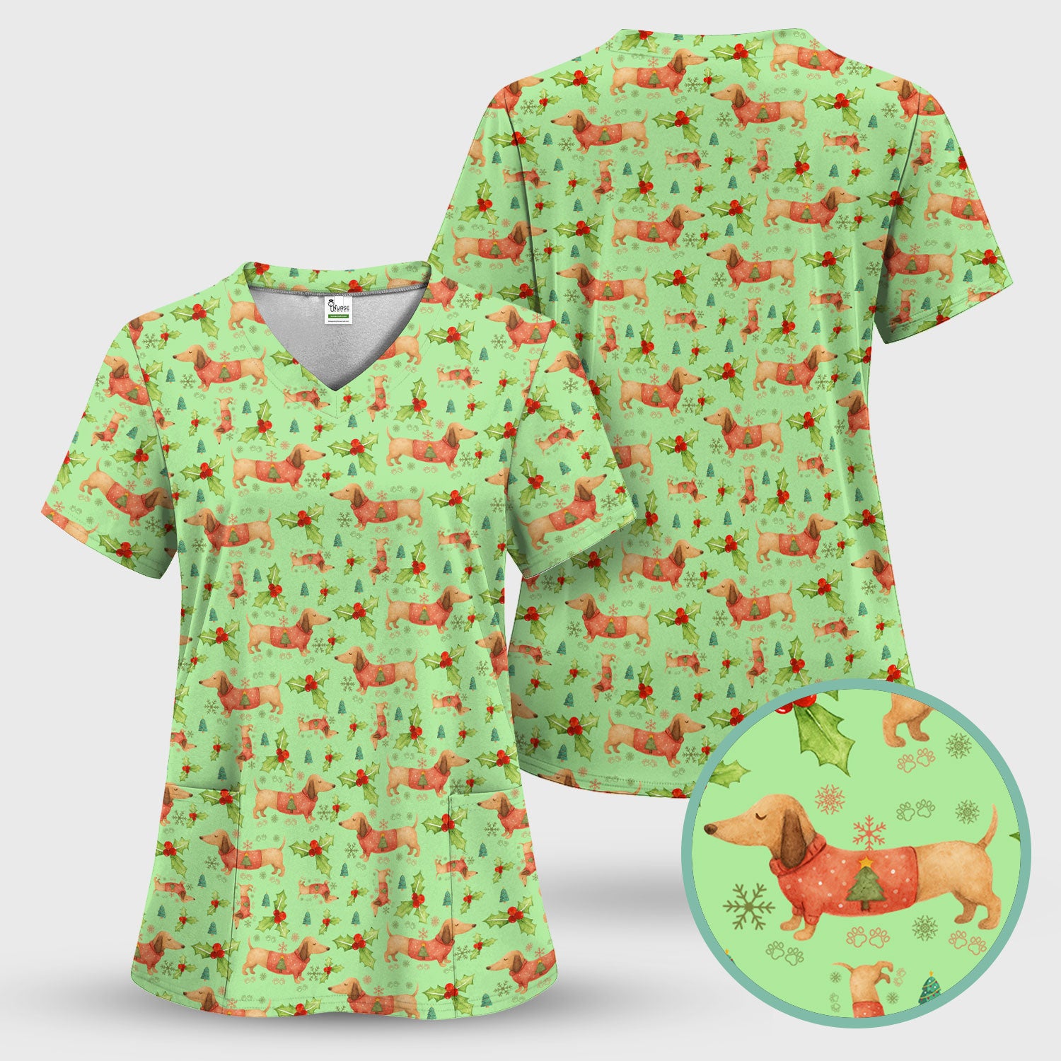 Cute Dachshund Christmas Scrub - Funny Sausage Dog Wiener Puppy Holiday Nurse Shirt - Xmas Medical Uniform Gift for RN CNA LPN