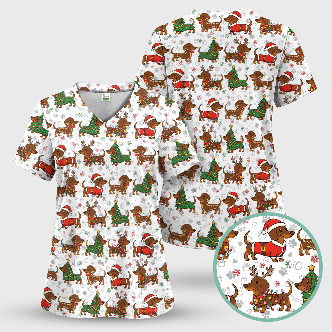 Holiday Dachshund Christmas Scrub Top - Funny Wiener Sausage Dog Nurse Shirt - Adorable Dog Lover Gift for RN CNA LPN