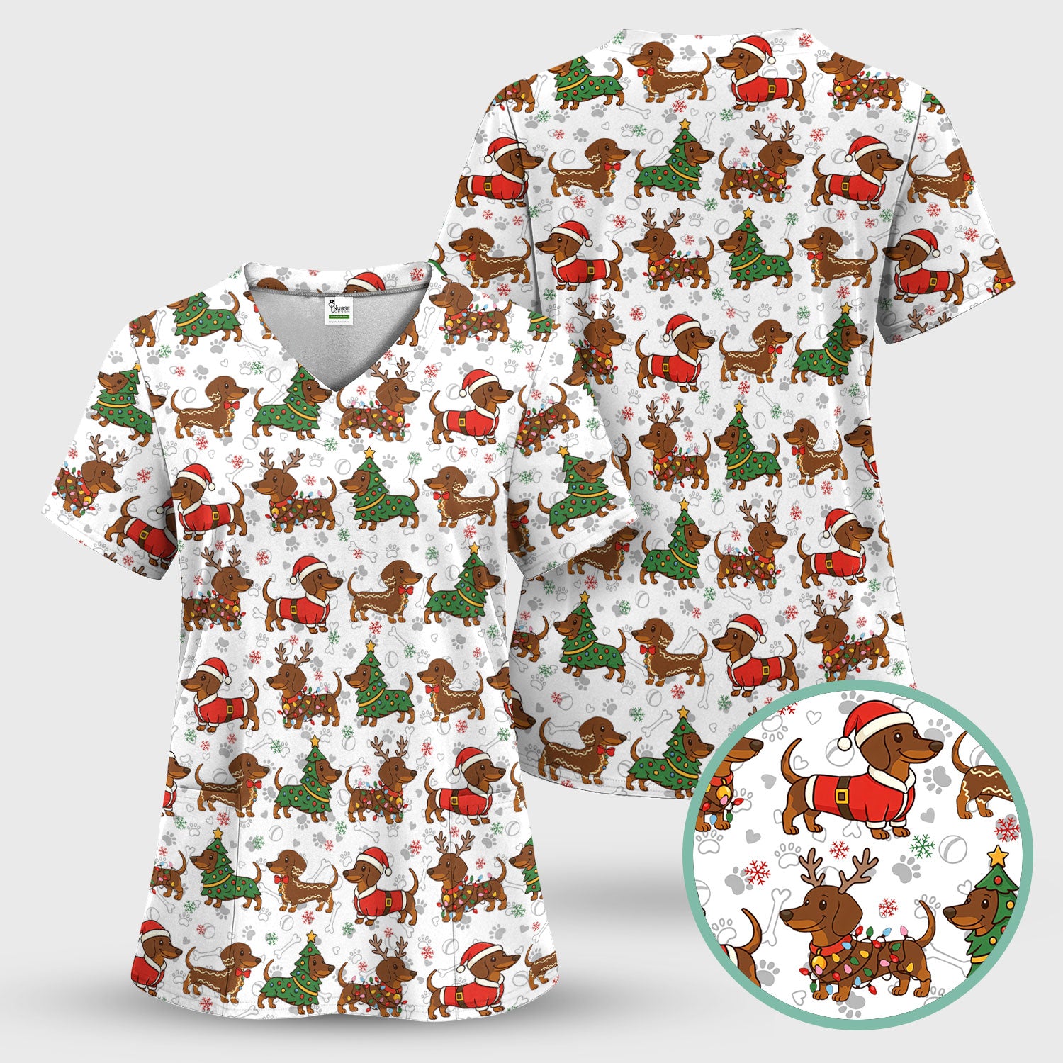 Holiday Dachshund Christmas Scrub Top - Funny Wiener Sausage Dog Nurse Shirt - Adorable Dog Lover Gift for RN CNA LPN