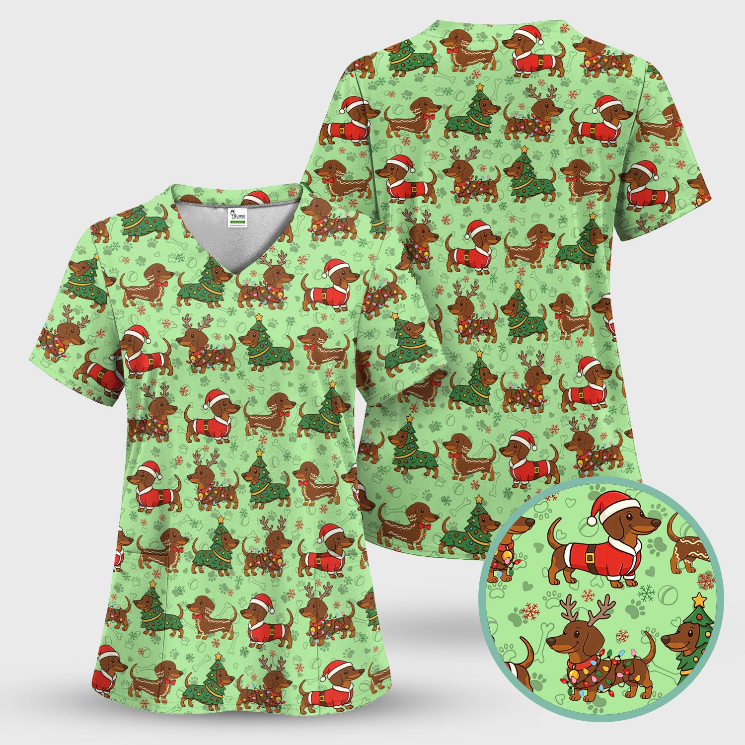 Christmas Dachshund Scrub Top - Funny Sausage Dog Wiener Holiday Nurse Shirt - Xmas Medical Uniform Gift for RN CNA LPN