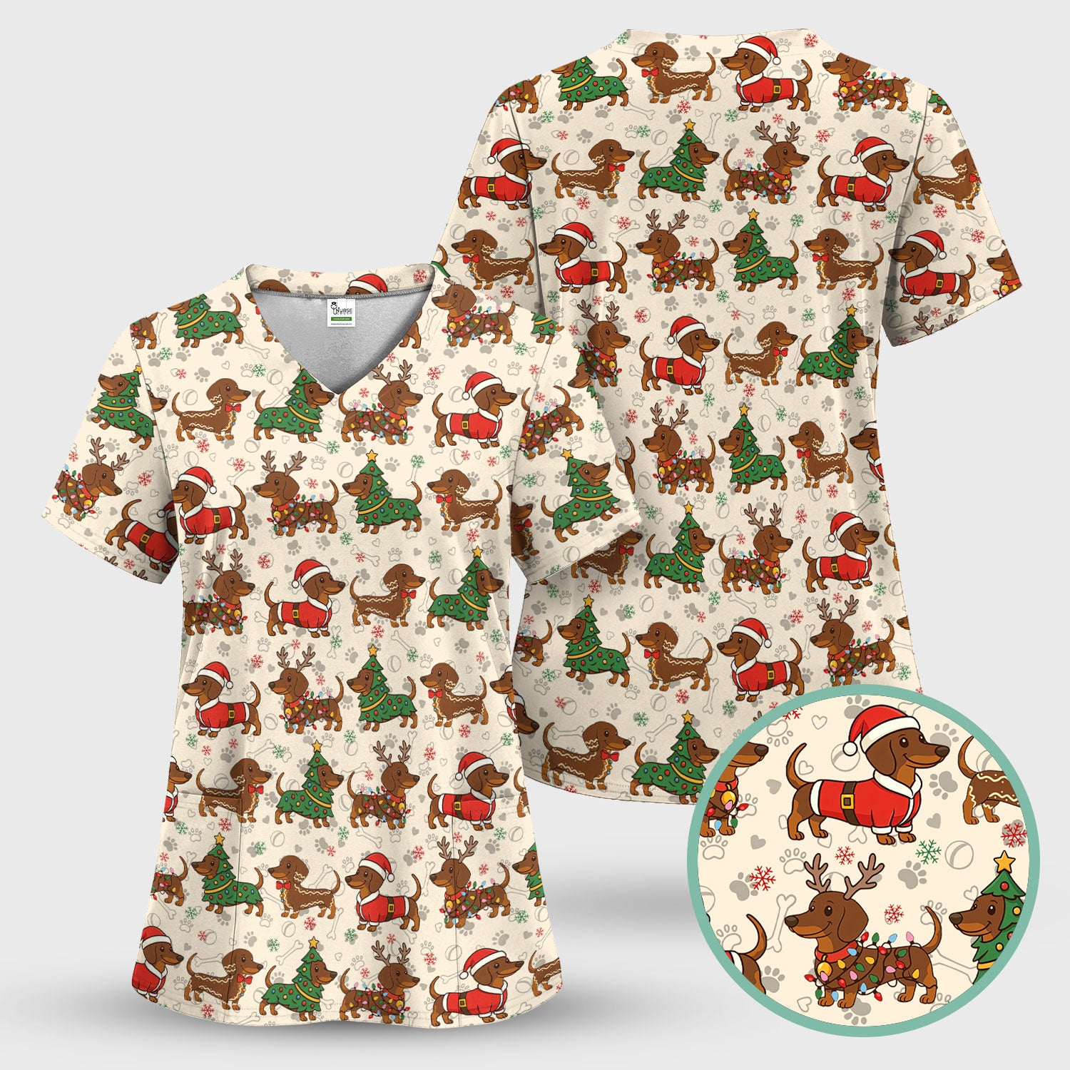 Christmas Dachshund Scrub Top - Funny Sausage Dog Wiener Holiday Nurse Shirt - Xmas Medical Uniform Gift for RN CNA LPN