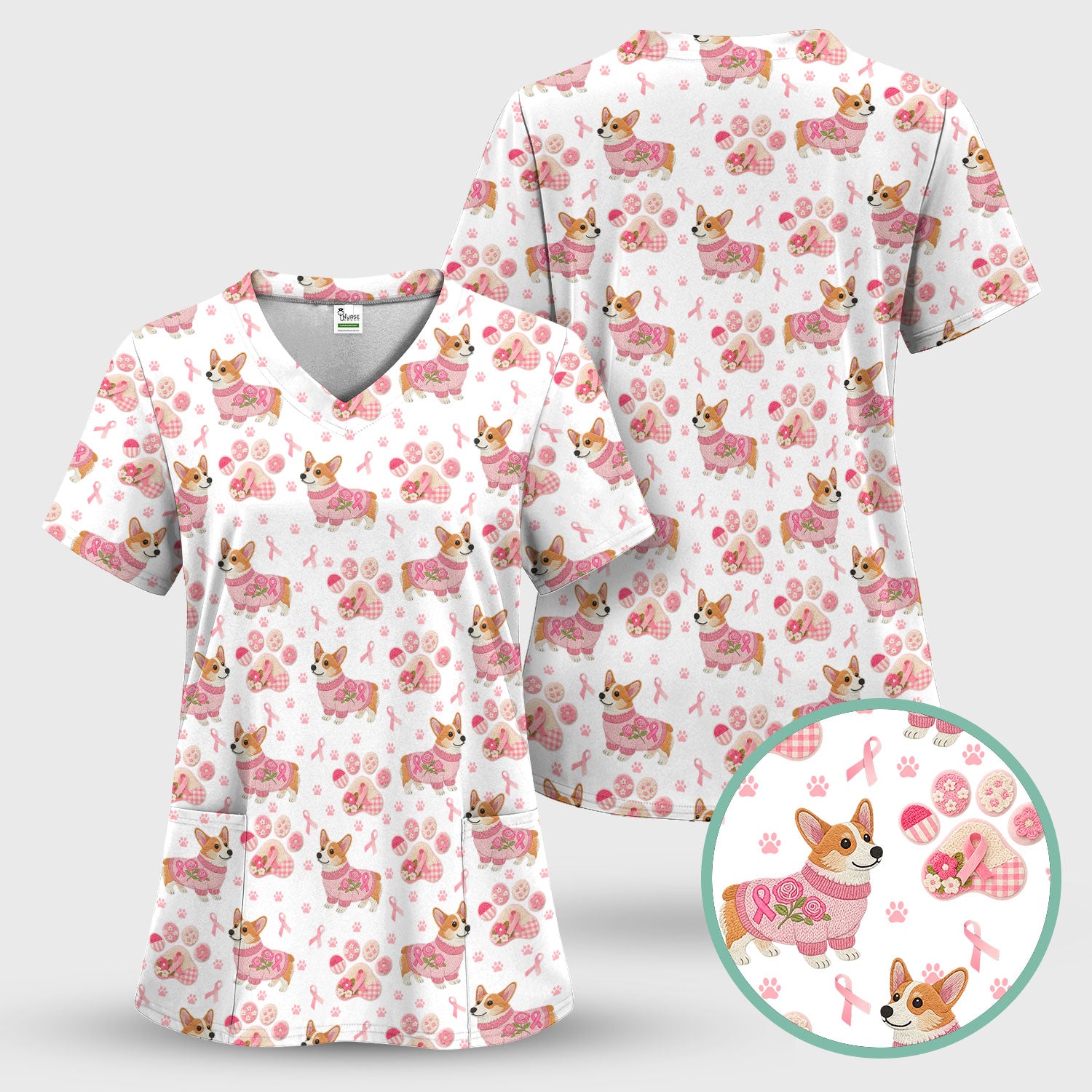 Corgi Pink Ribbon Scrub for Women - Breast Cancer Awareness Shirt - Floral Dog Paw Print Nursing Uniform - Support Gift