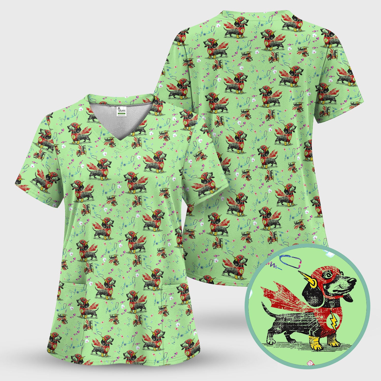 Super Nurse Dachshund Scrub Shirt - Hero Sausage Dog Print Medical Top - Funny Dog Print Gift for Nurses RN CNA LPN