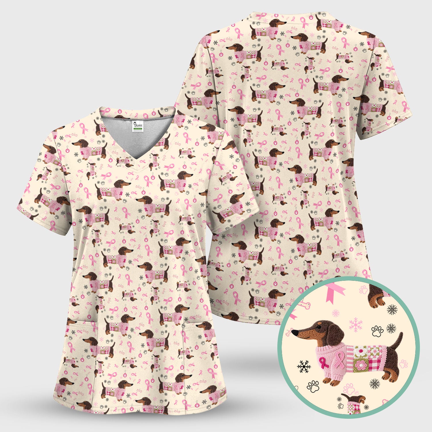 Pink Dachshund Breast Cancer Awareness Scrub Top - Puppy Dog Ribbon Nurse Shirt - Wiener Support Fight Cancer Medical Uniform Gift
