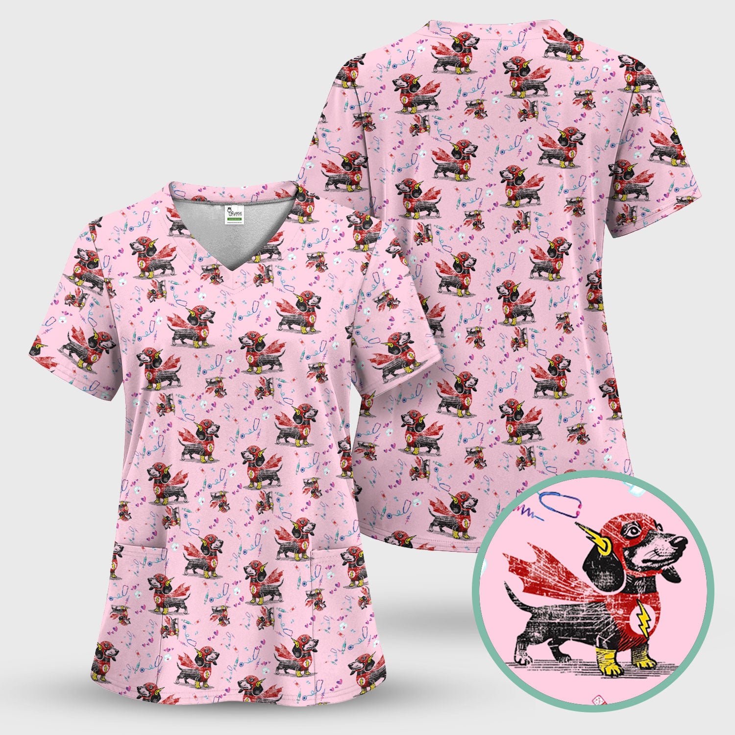 Dachshund Hero Scrub Top for Nurses - Super Nurse Funny Flash Dog Print Medical Uniform Shirt - Cute Sausage Dog Gift for RN CNA LPN