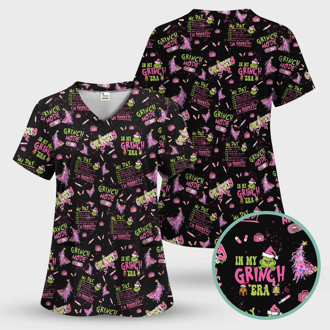 I’m Booked Funny Christmas Scrub for Women - Grinch Mode On Holiday Nurse Uniform Shirt - Grinchmas Gift for RN CNA LPN