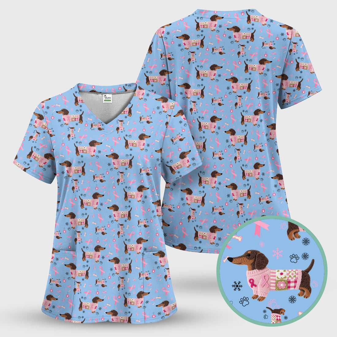 Pink Dachshund Breast Cancer Awareness Scrub Top - Puppy Dog Ribbon Nurse Shirt - Wiener Support Fight Cancer Medical Uniform Gift