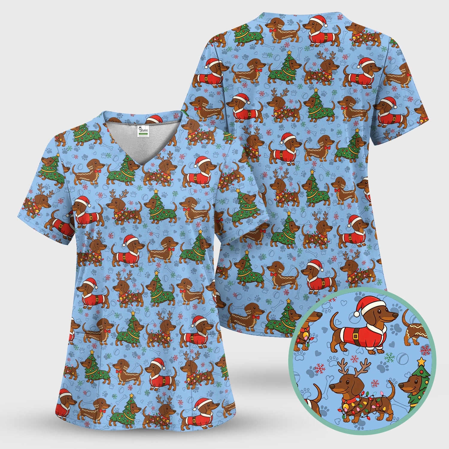 Christmas Dachshund Scrub Top - Funny Sausage Dog Wiener Holiday Nurse Shirt - Xmas Medical Uniform Gift for RN CNA LPN