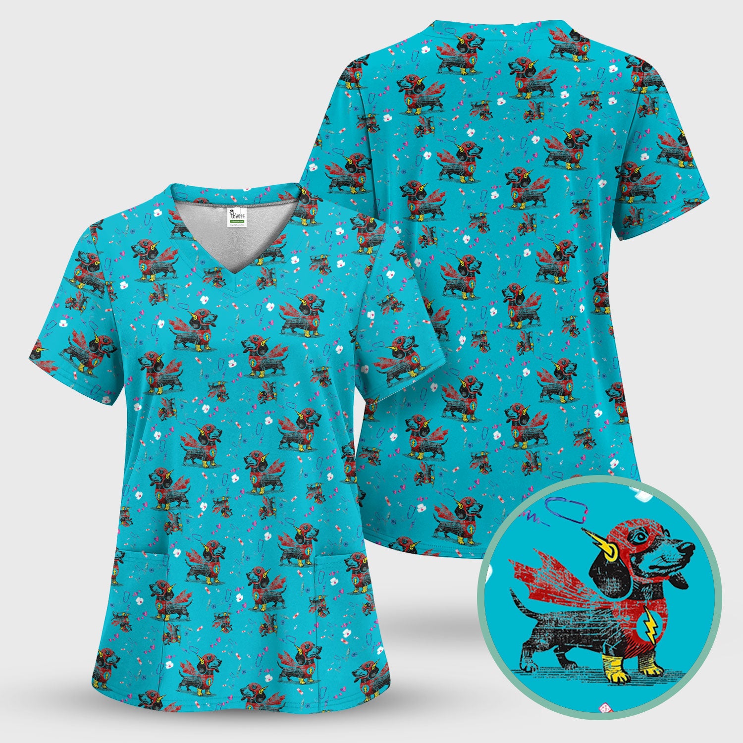 Super Nurse Dachshund Scrub Shirt - Hero Sausage Dog Print Medical Top - Funny Dog Print Gift for Nurses RN CNA LPN