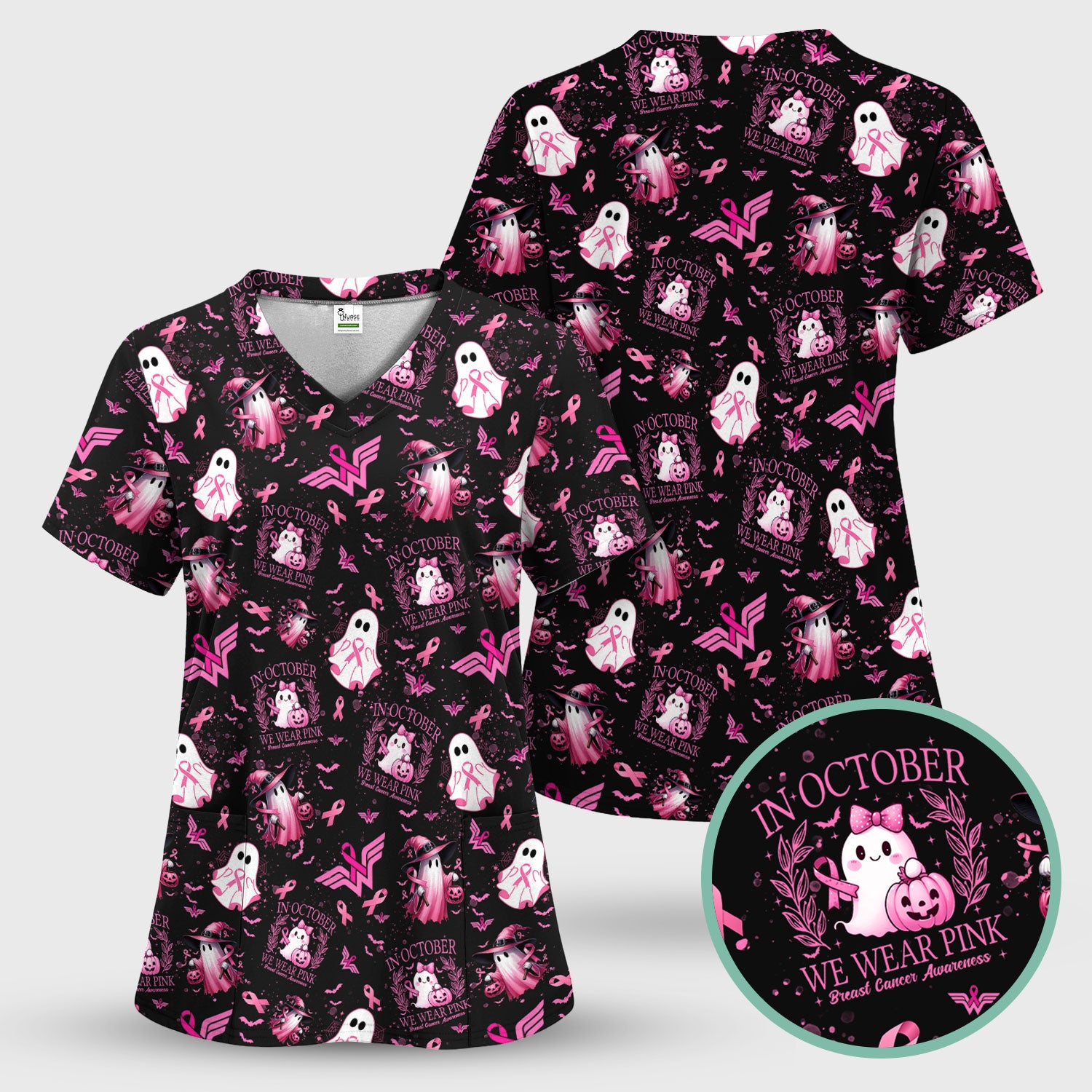 Pink Halloween Scrub Top for Nurses - In October We Wear Pink Breast Cancer Awareness Shirt - Cute Ghost Witch Gift for RN CNA LPN