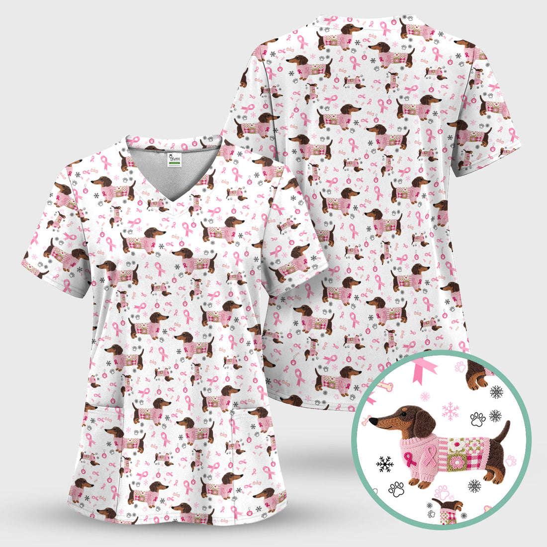 Dachshund Breast Cancer Awareness Scrub - Puppy Dog Pink Ribbon Nurse Shirt - Wiener Support Fight Cancer Gift