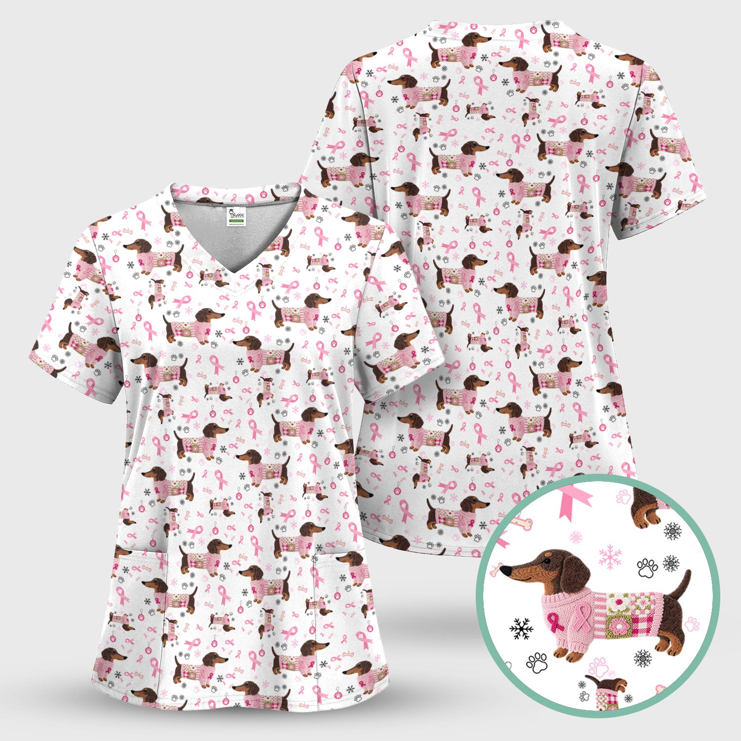 Dachshund Breast Cancer Awareness Scrub - Puppy Dog Pink Ribbon Nurse Shirt - Wiener Support Fight Cancer Gift