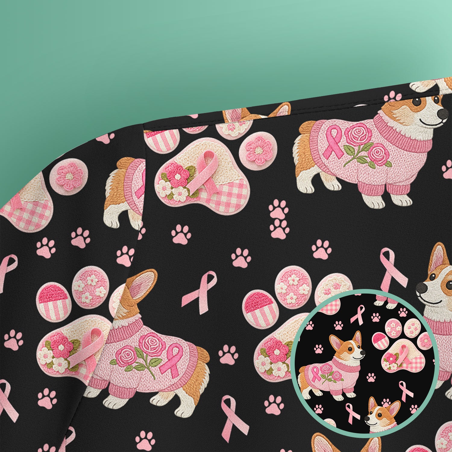 Corgi Pink Ribbon Scrub for Women - Breast Cancer Awareness Shirt - Floral Dog Paw Print Nursing Uniform - Support Gift