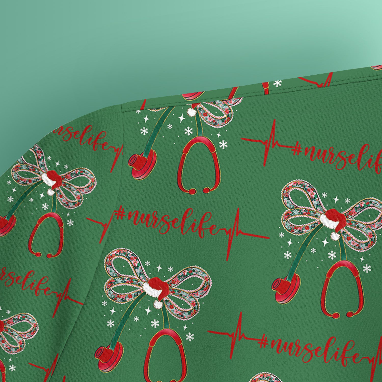 Personalized Funny Nurse Christmas Scrub Top - Stethoscope with Holiday Bow & Heartbeat Pattern - Gift for RN LPN CNA Healthcare Staff