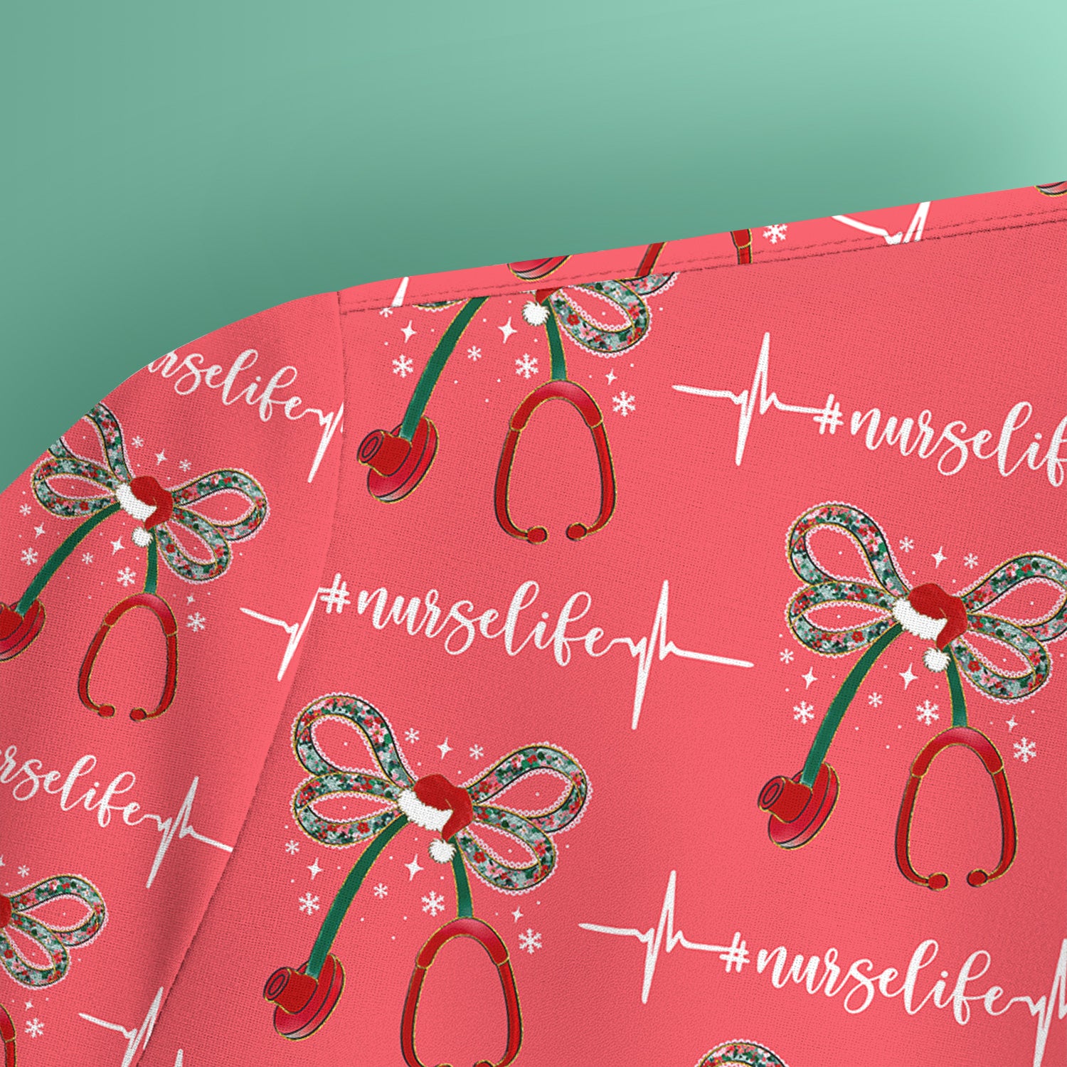 Personalized Funny Nurse Christmas Scrub Top - Stethoscope with Holiday Bow & Heartbeat Pattern - Gift for RN LPN CNA Healthcare Staff