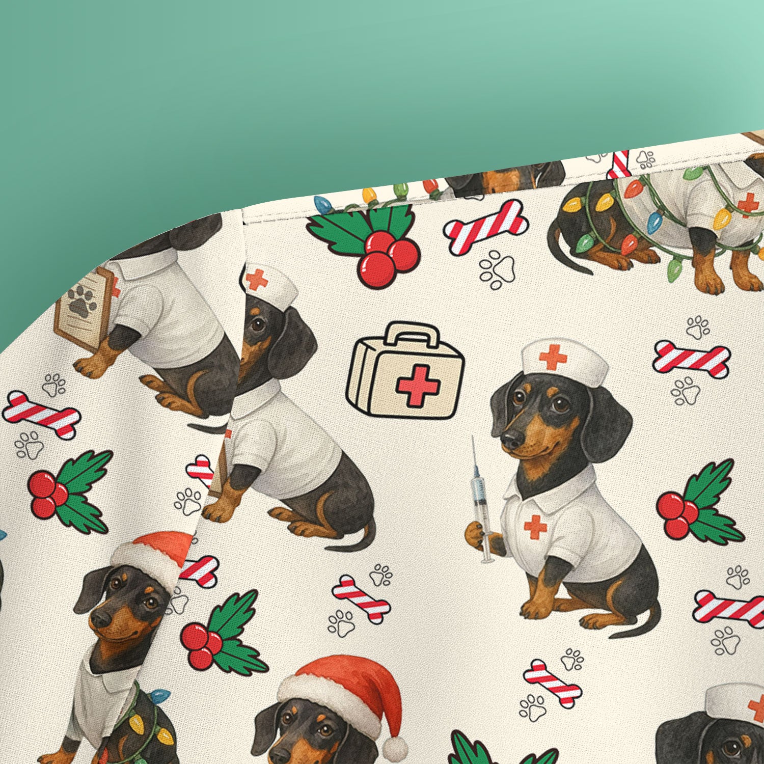 Christmas Dachshund Nurse Scrub Top - Funny Dachshund Dog Scrub Shirt Multi Color - Cute Holiday Nursing Work Shirt for Women