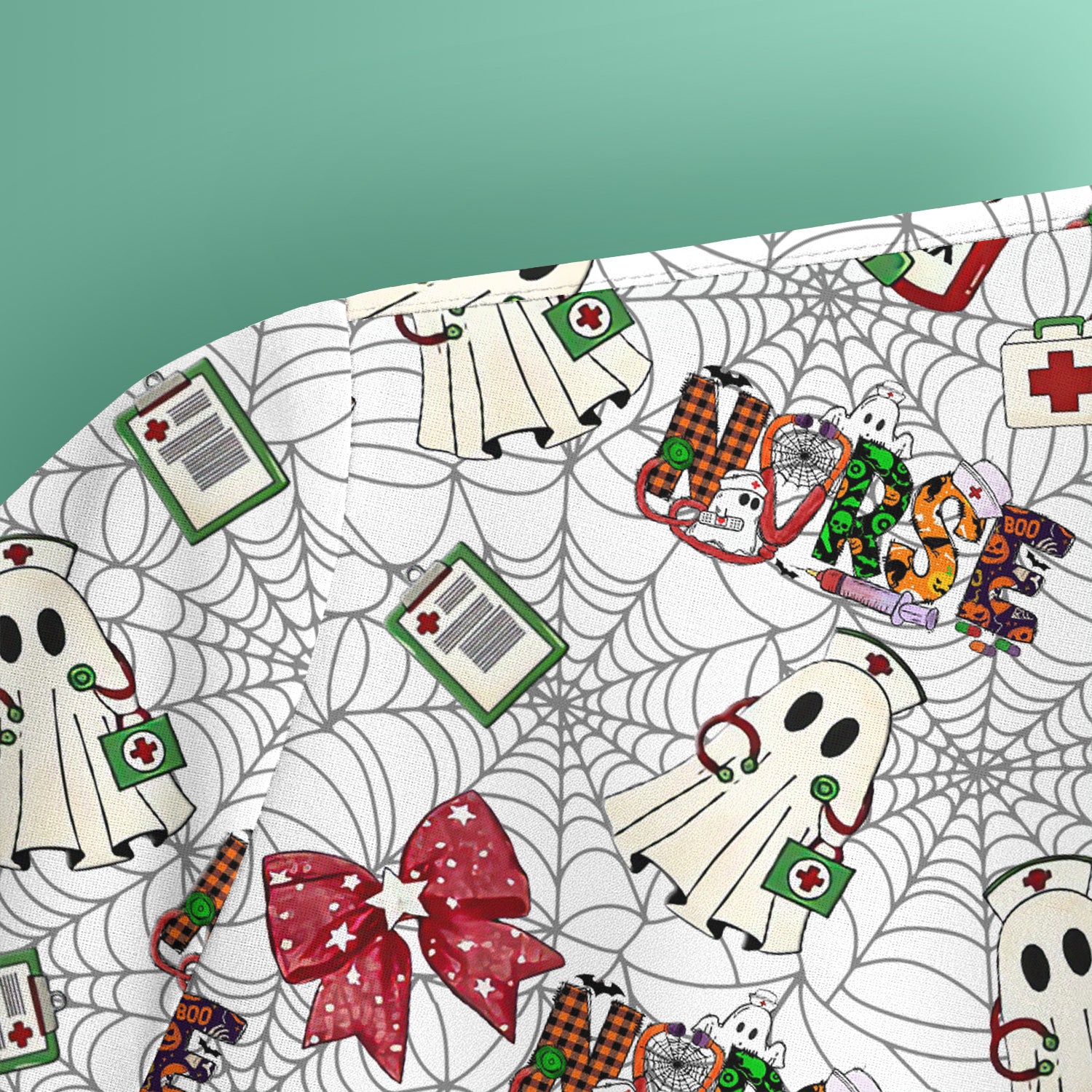 Halloween Nurse Scrub Top for Women - Cute Ghost and Spider Web Scrub Shirt Multi Color - Funny Nursing Work Shirt with Pockets