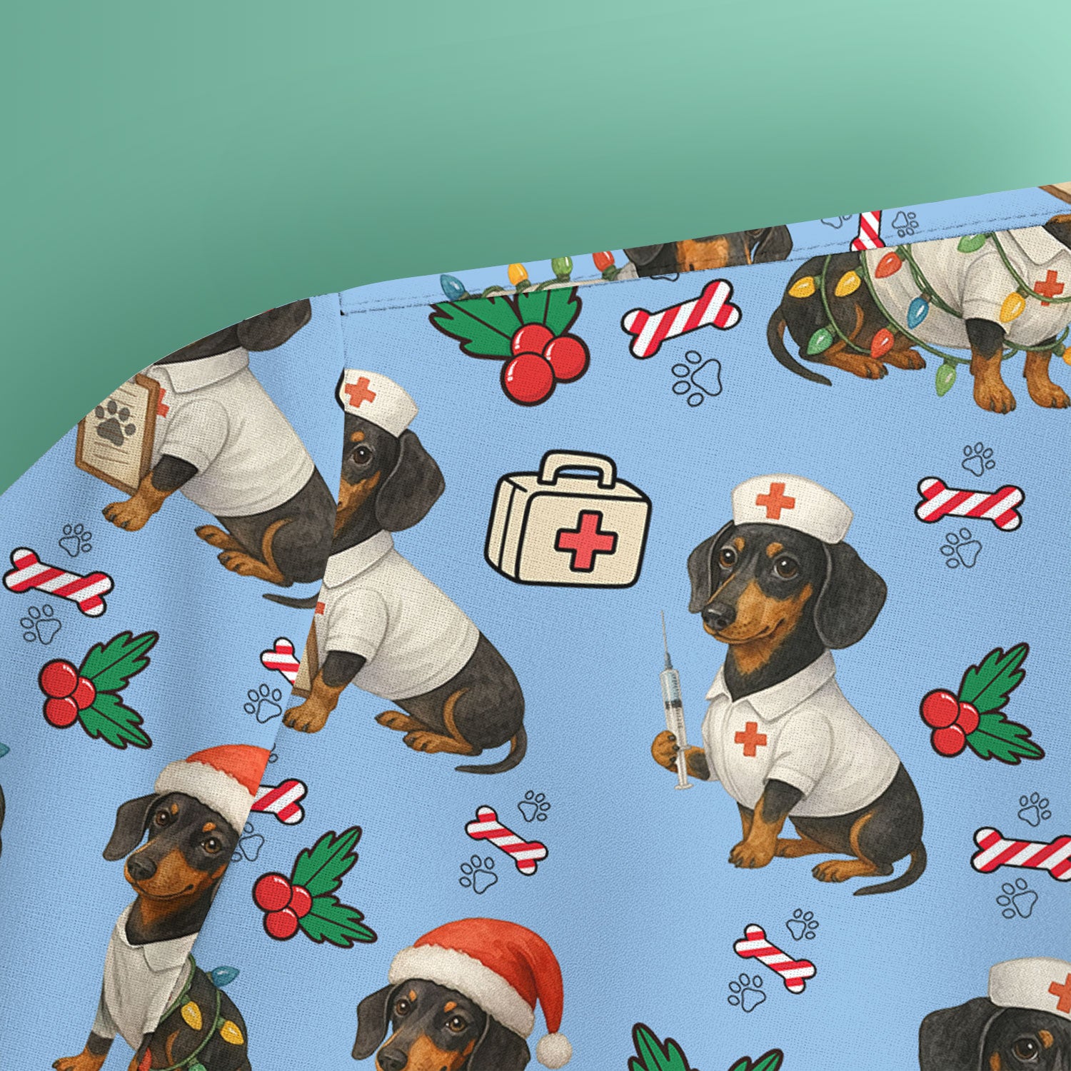 Dachshund Nurse Christmas Scrub Shirt - Cute Sausage Dog Scrub Top Multi Colors - Funny Holiday Nursing Workwear with Pockets