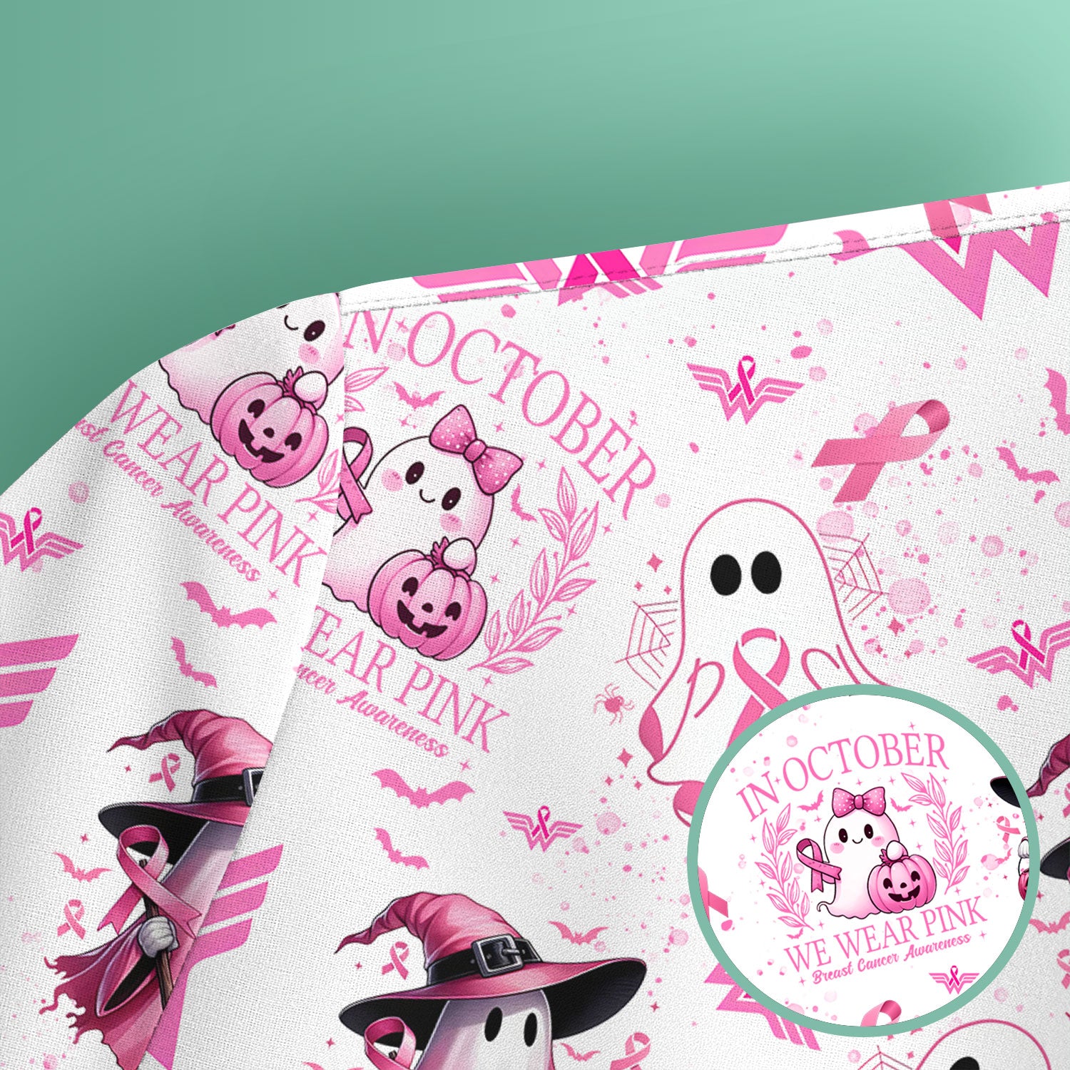Pink Halloween Scrub Top for Nurses - In October We Wear Pink Breast Cancer Awareness Shirt - Cute Ghost Witch Gift for RN CNA LPN