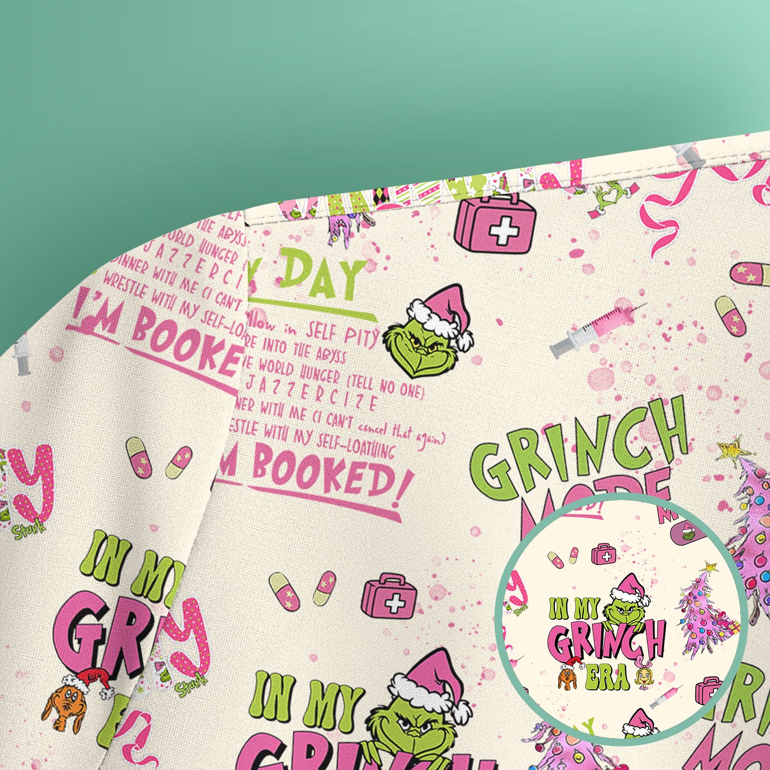 Funny Christmas Scrub Top for Women - Grinch Mode On Holiday Nurse Uniform Shirt - Pink Grinchmas Gift for RN CNA LPN