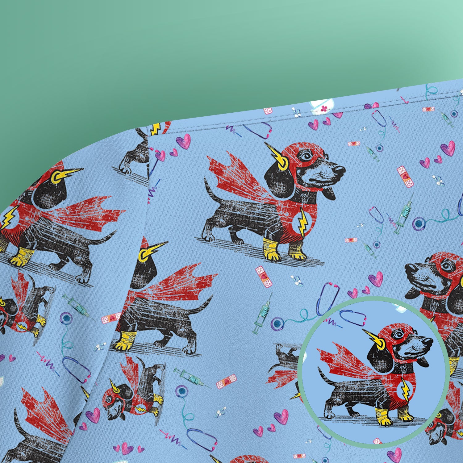 Dachshund Hero Scrub Top for Nurses - Super Nurse Funny Flash Dog Print Medical Uniform Shirt - Cute Sausage Dog Gift for RN CNA LPN