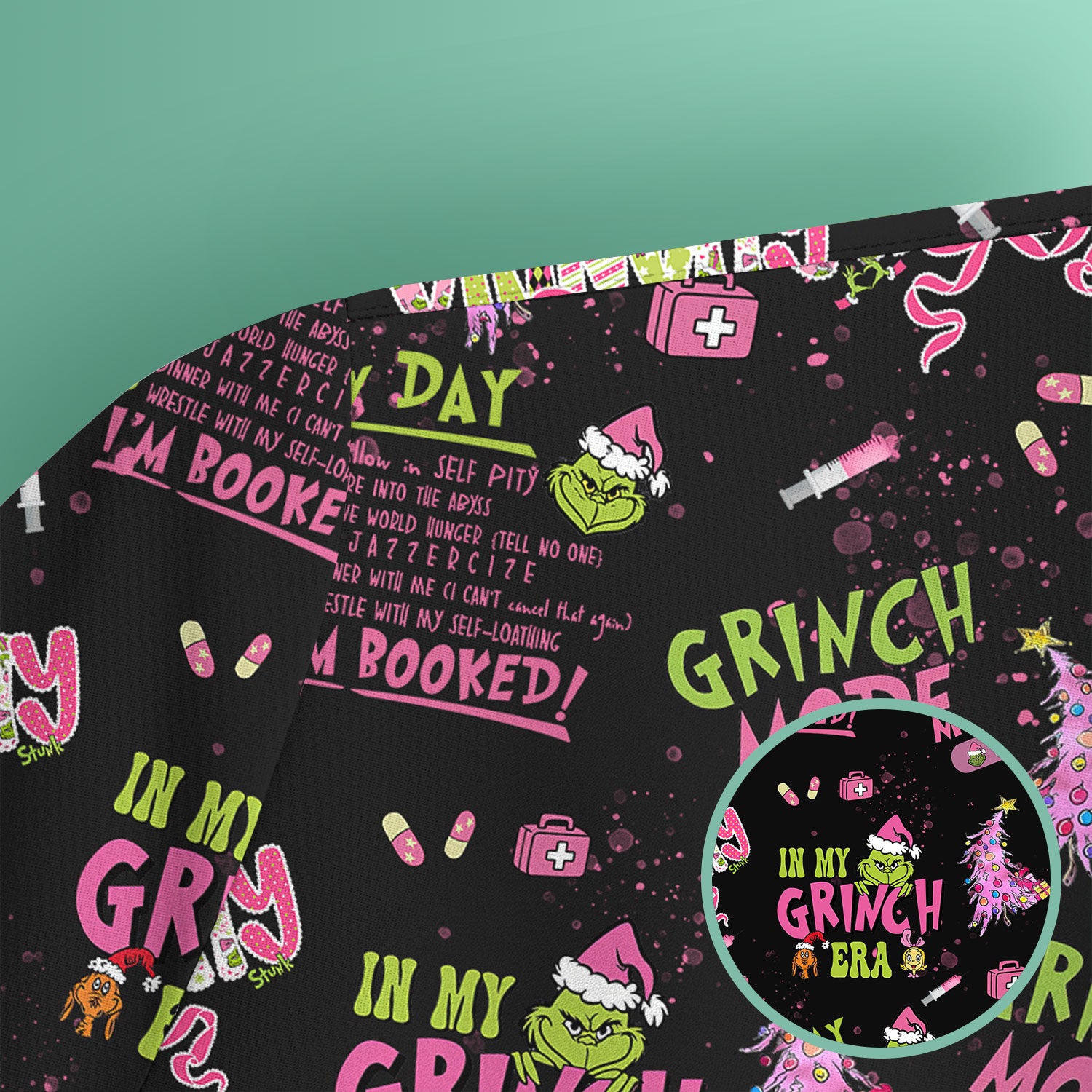 I’m Booked Funny Christmas Scrub for Women - Grinch Mode On Holiday Nurse Uniform Shirt - Grinchmas Gift for RN CNA LPN