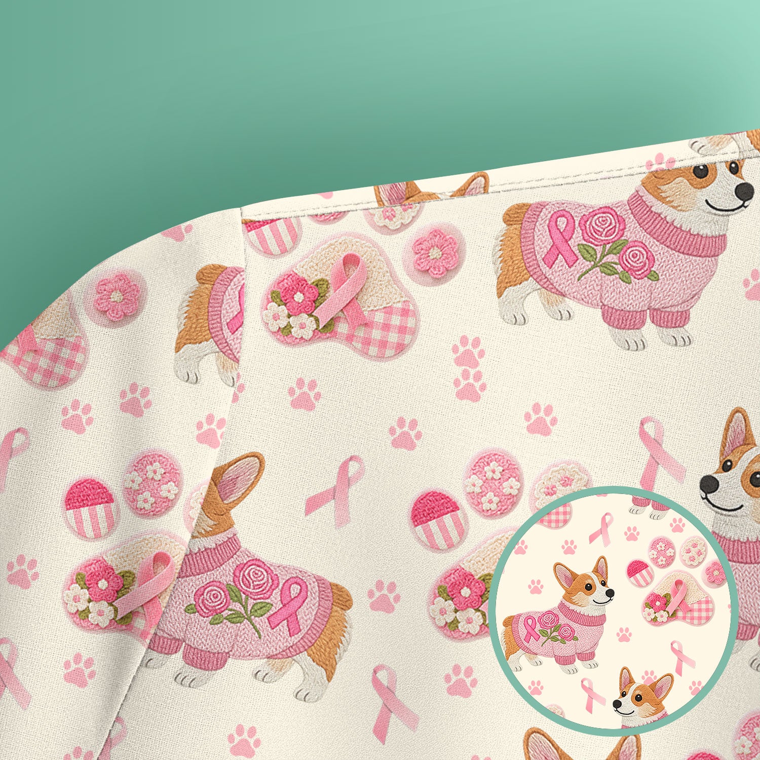 Floral Corgi Scrub Top for Women - Cute Dog Paw Print with Pink Ribbon Shirt - Breast Cancer Awareness October Gift