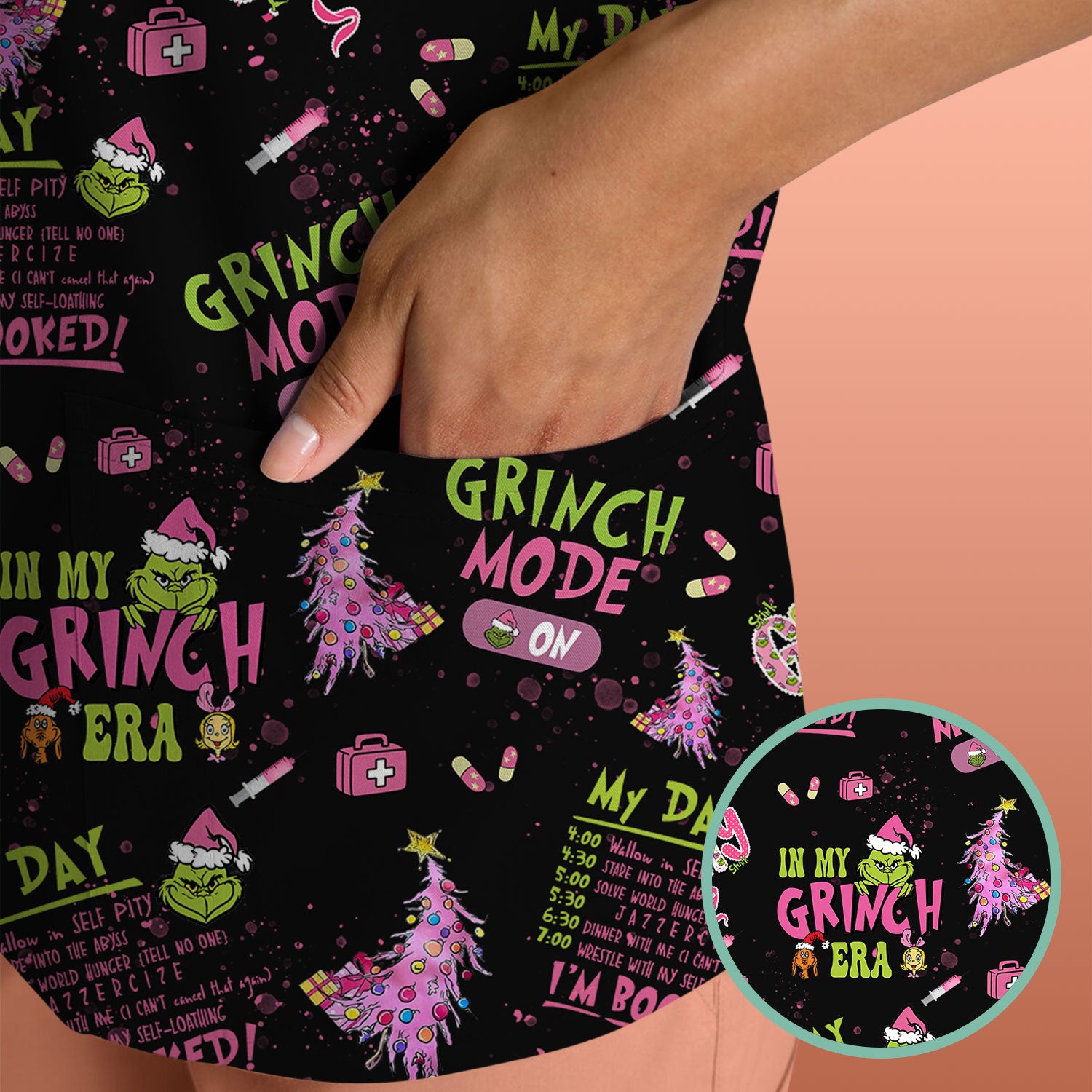 I’m Booked Funny Christmas Scrub for Women - Grinch Mode On Holiday Nurse Uniform Shirt - Grinchmas Gift for RN CNA LPN
