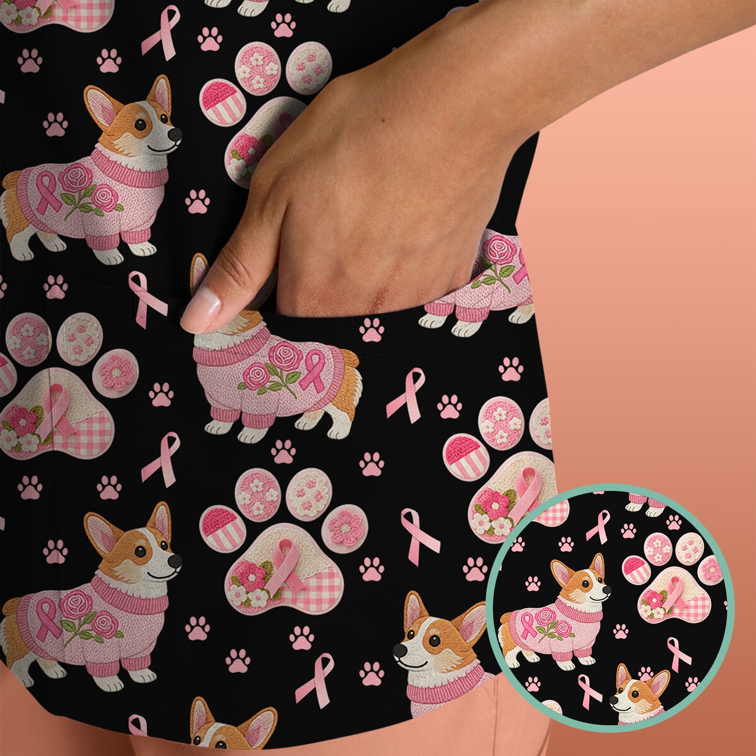 Corgi Pink Ribbon Scrub for Women - Breast Cancer Awareness Shirt - Floral Dog Paw Print Nursing Uniform - Support Gift