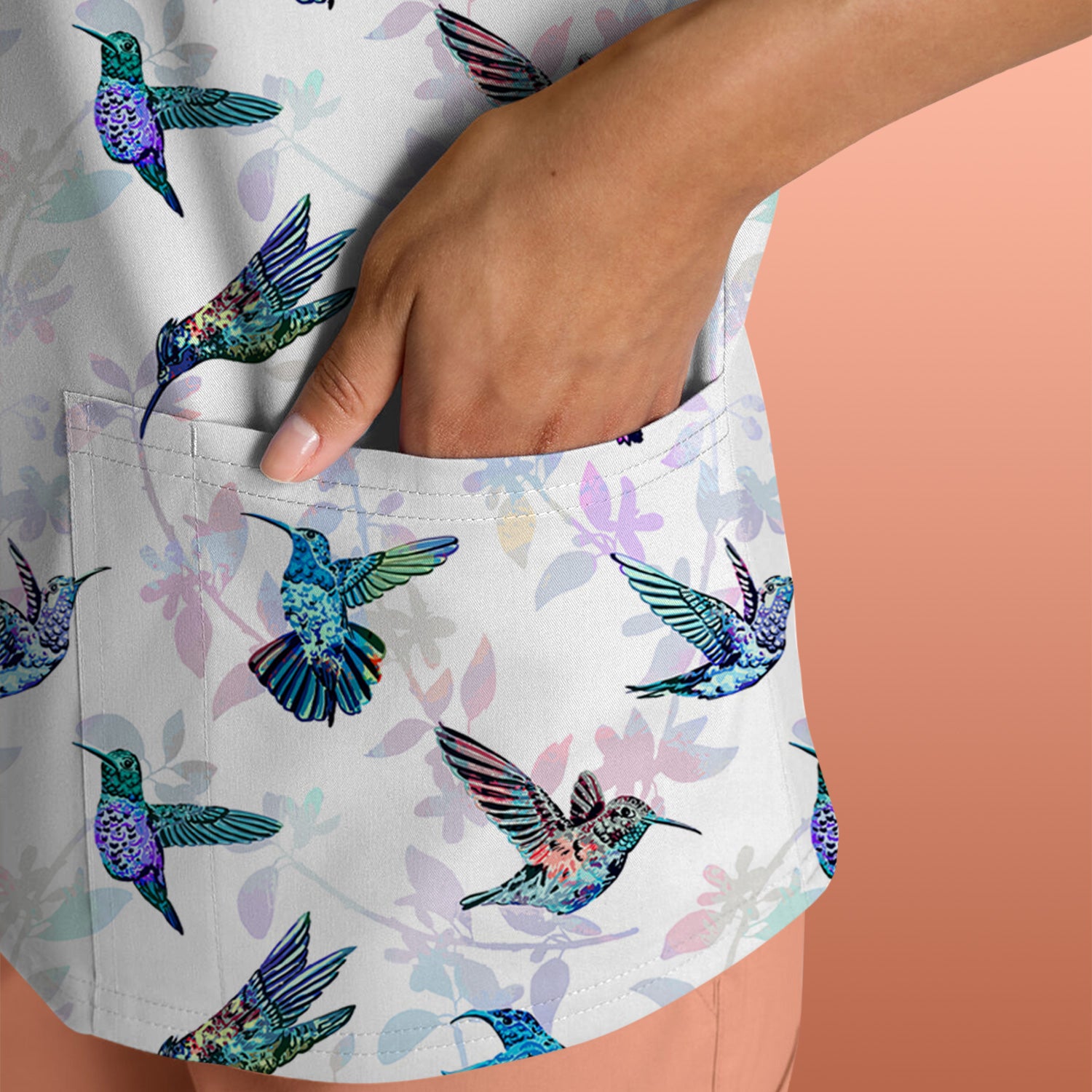 Personalized Hummingbird Nurse Scrub Top - Colorful Flying Birds & Floral Design - Gift for Women RN LPN & Healthcare Workers