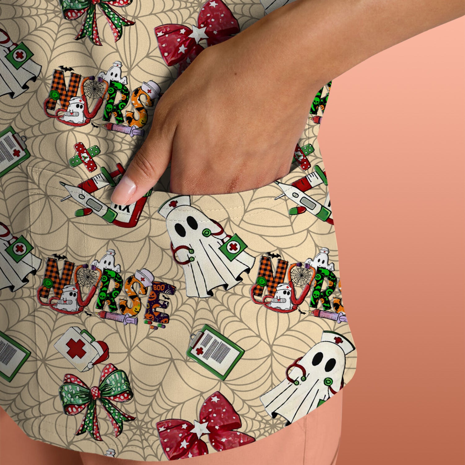 Custom Halloween Scrub Top for Nurses - Funny Ghost and Web Scrub Shirt Multi Color - Cute Spooky Nursing Workwear with Pockets