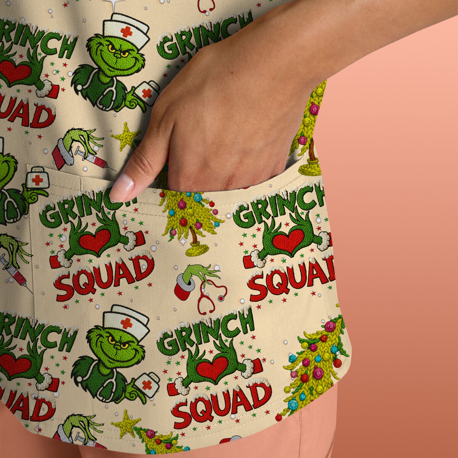 Grinch Squad Christmas Scrub Shirt - Funny Holiday Scrub Top for Nurses - Multi Color Nursing Work Shirt with Pockets