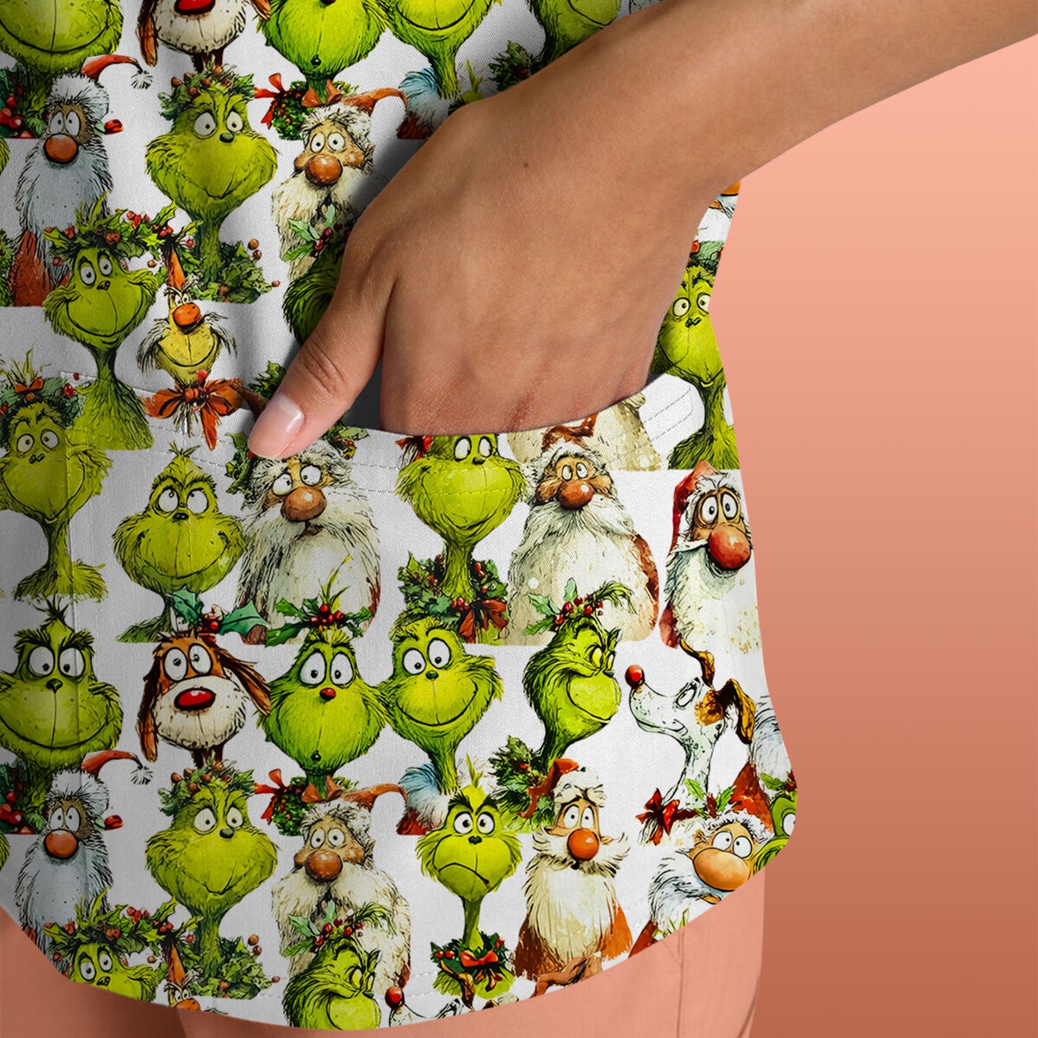 Grinch Nurse Scrub Shirt Multi Colors - Funny Cartoon Character Scrub Top - Christmas Holiday Nursing Workwear with Pockets