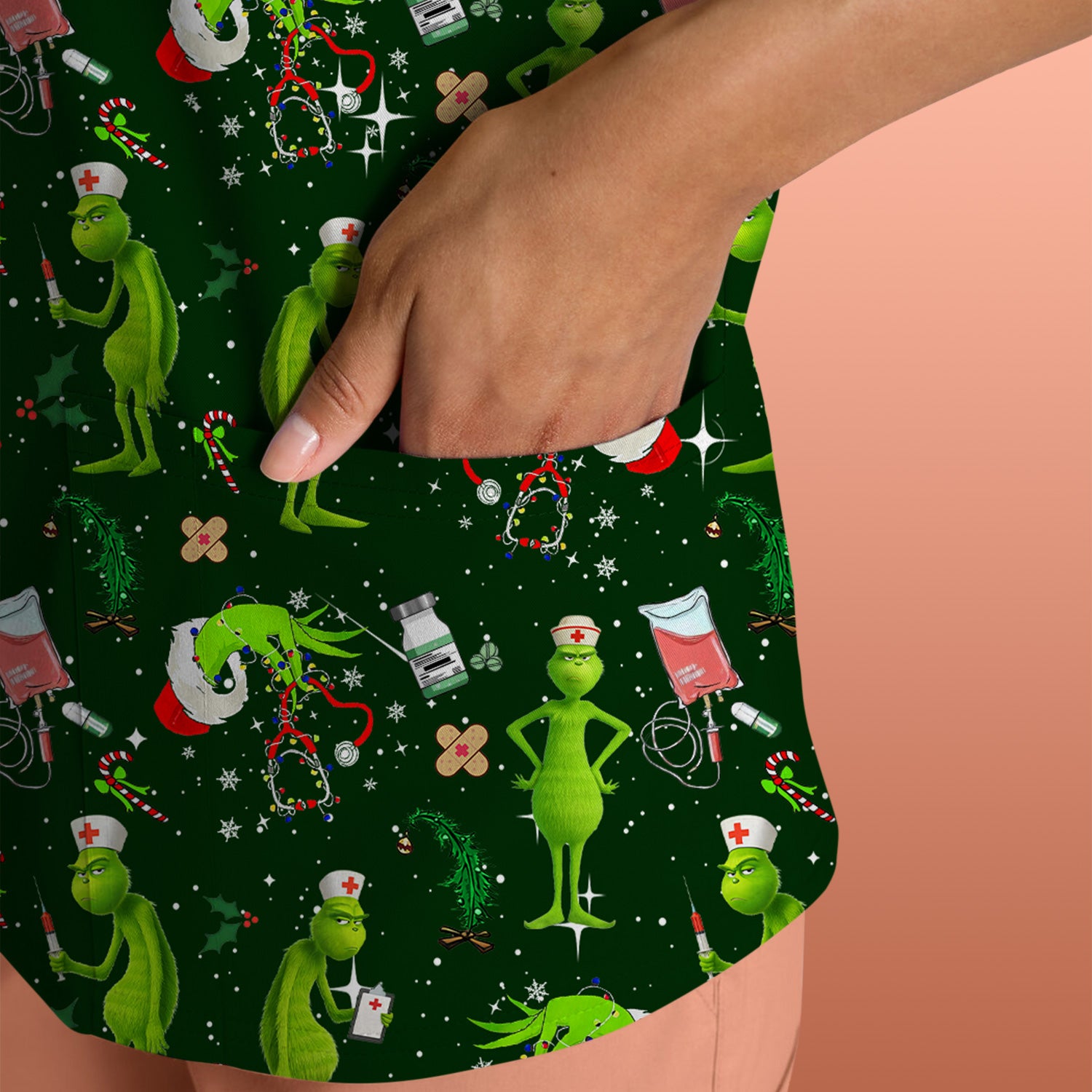 Cute Grinch Scrub Top for Nurse - Christmas Holiday Medical Shirt - Gift for CNA RN LPN Healthcare Workers