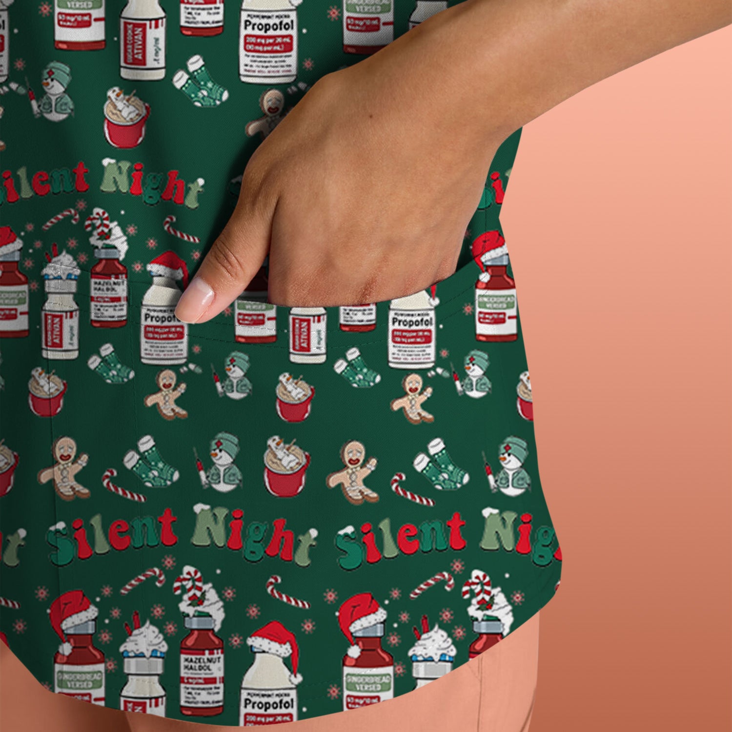 Funny Nurse Christmas Scrub Top - Silent Night & Medication Design - Holiday Gift for RN LPN CNA