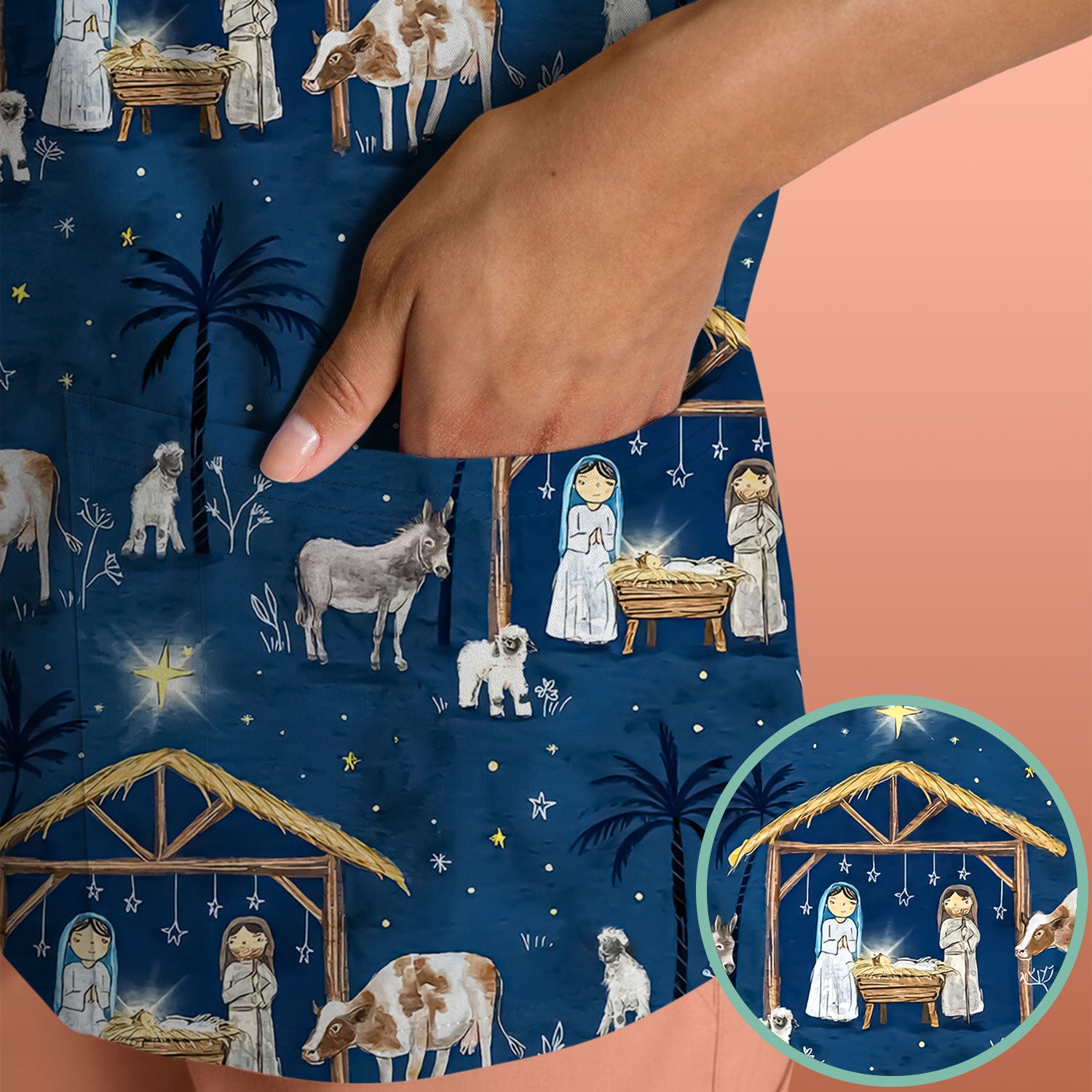 Christmas Nativity Scrub Top for Women - Holy Night Manger Scene - Religious Holiday Nursing Uniform Shirt
