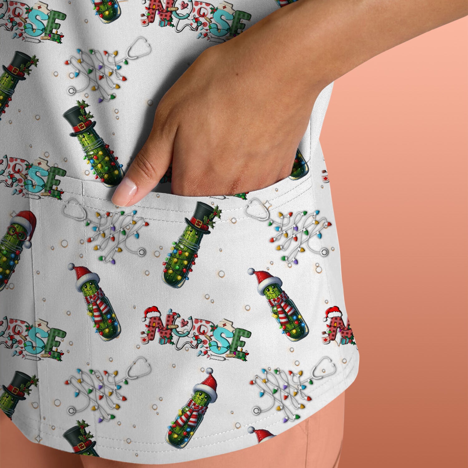 Funny Christmas Pickle Scrubs for Women - Festive Holiday Nurse Medical Uniform - Gift for RN CNA LPN LVN EN