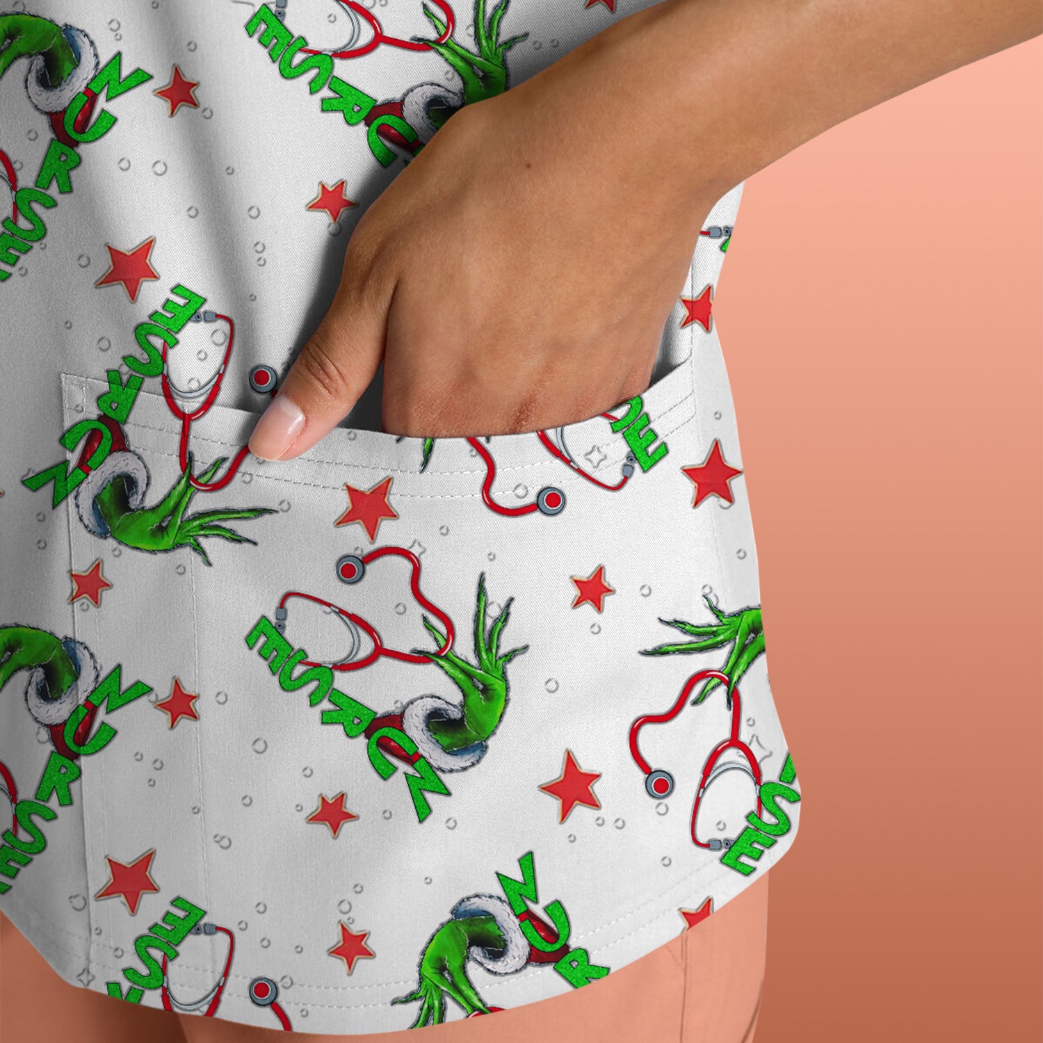 Grinch Nurse Scrub Top - Festive Holiday Uniform for Women - RN LPN CNA Nursing Gift